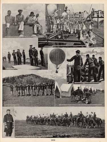 Men on Turret of Brooklyn after Bombardment. Montgomery cheering a capture. Clearing Ship. War Balloon. Flag-Ship Brooklyn Signaling Transports. Volley Firing. Company H
