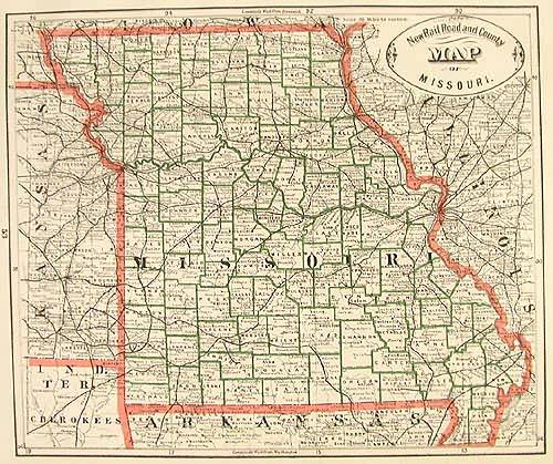 New Rail Road and County Map of Missouri - Art Source International