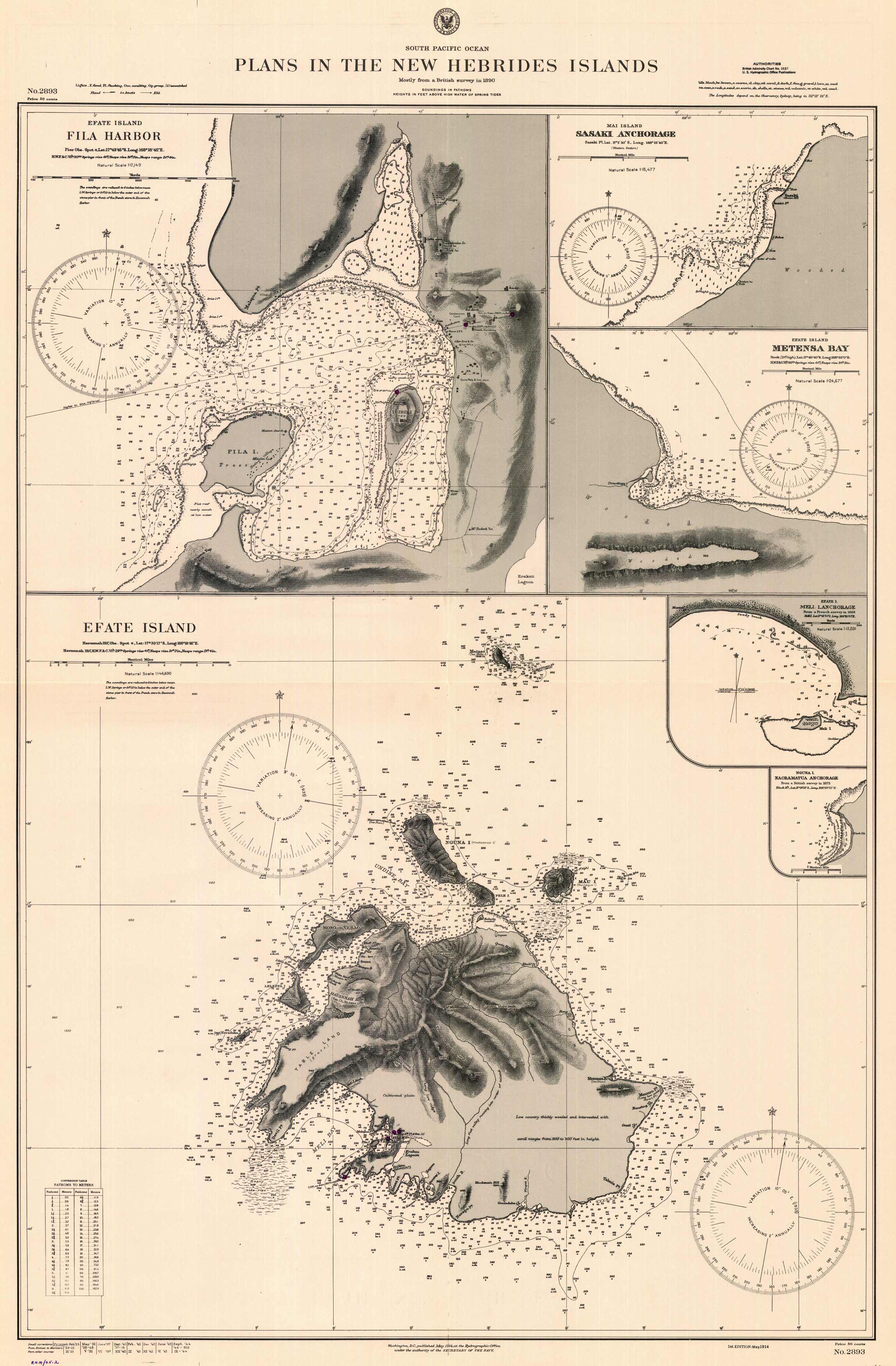 South Pacific Ocean - Plans in the New Hebrides Islands - Fila Harbor - Sasaki Anchorage - Metensa Bay - Efate Island - Meli Island Anchorage - Naoramatua Anchorage