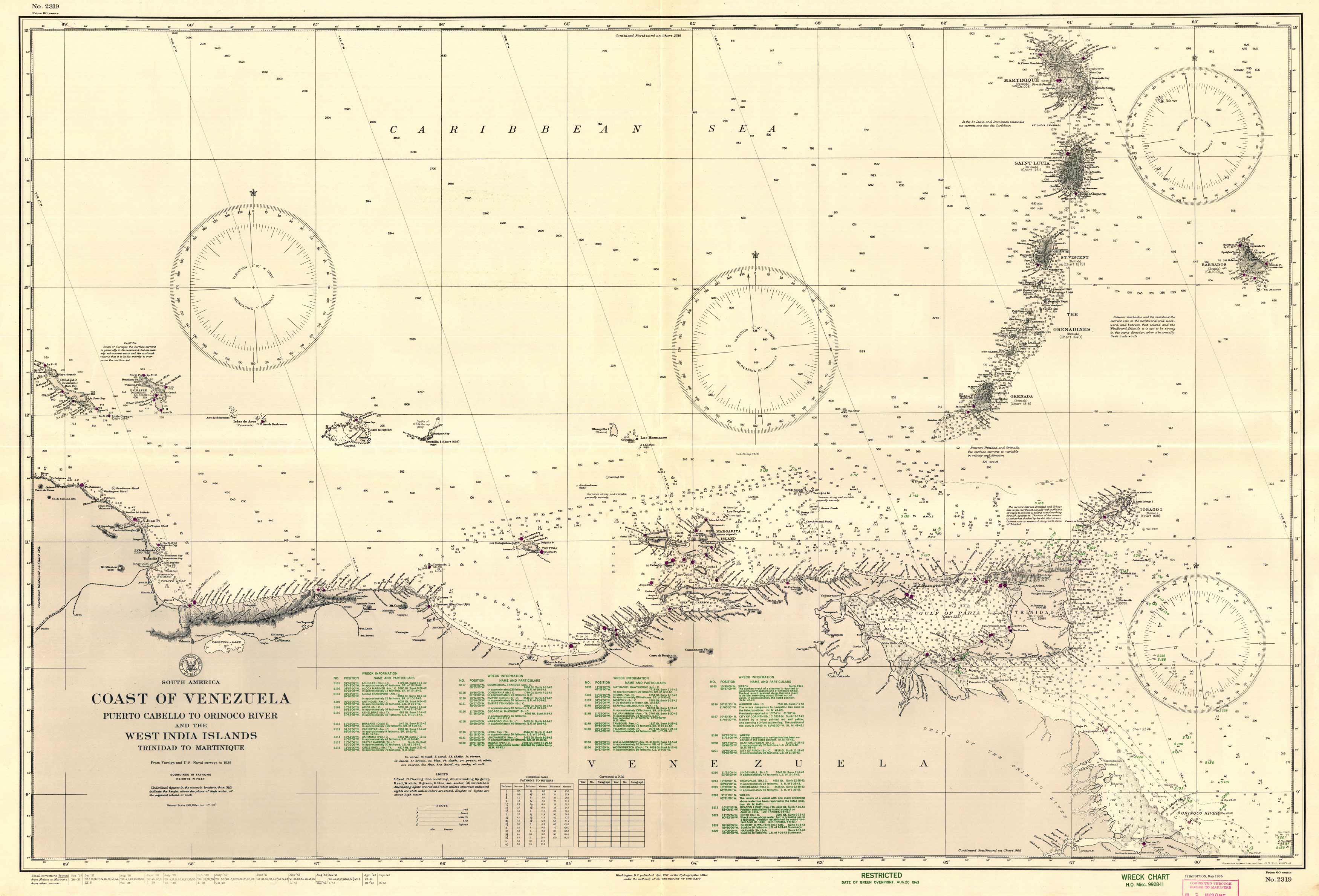 South America - Coast of Venezuela - Puerto Cabello to Orinoco River and the West India Islands Trinidad and Martinique - NOTE: Ship Wreck Chart
