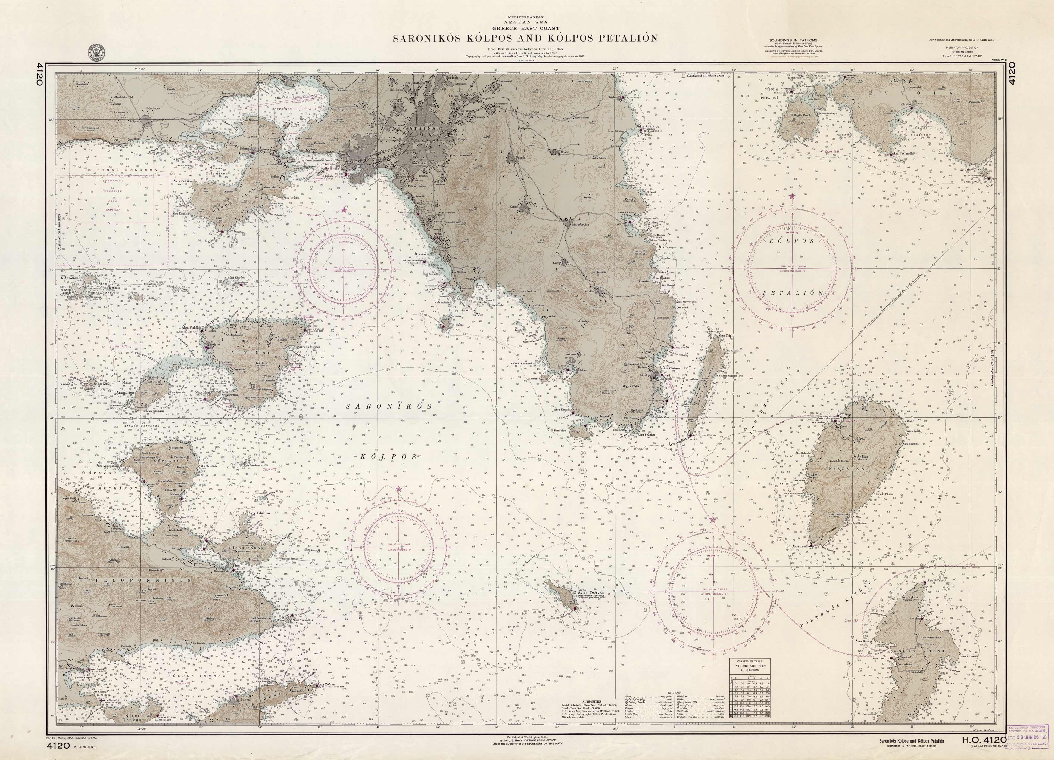 Mediterranean Aegean Sea- Greece- East Coast- Saronikos Kolpos and Kolpos Petalion- From British surveys between 1838 and 1846 with additions from Greek sources to 1950 Mediterranean Aegean Sea- Greece- East Coast- Saronikos Kolpos and Kolpos Petalion- From British surveys between 1838 and 1846 with additions from Greek sources to 1950