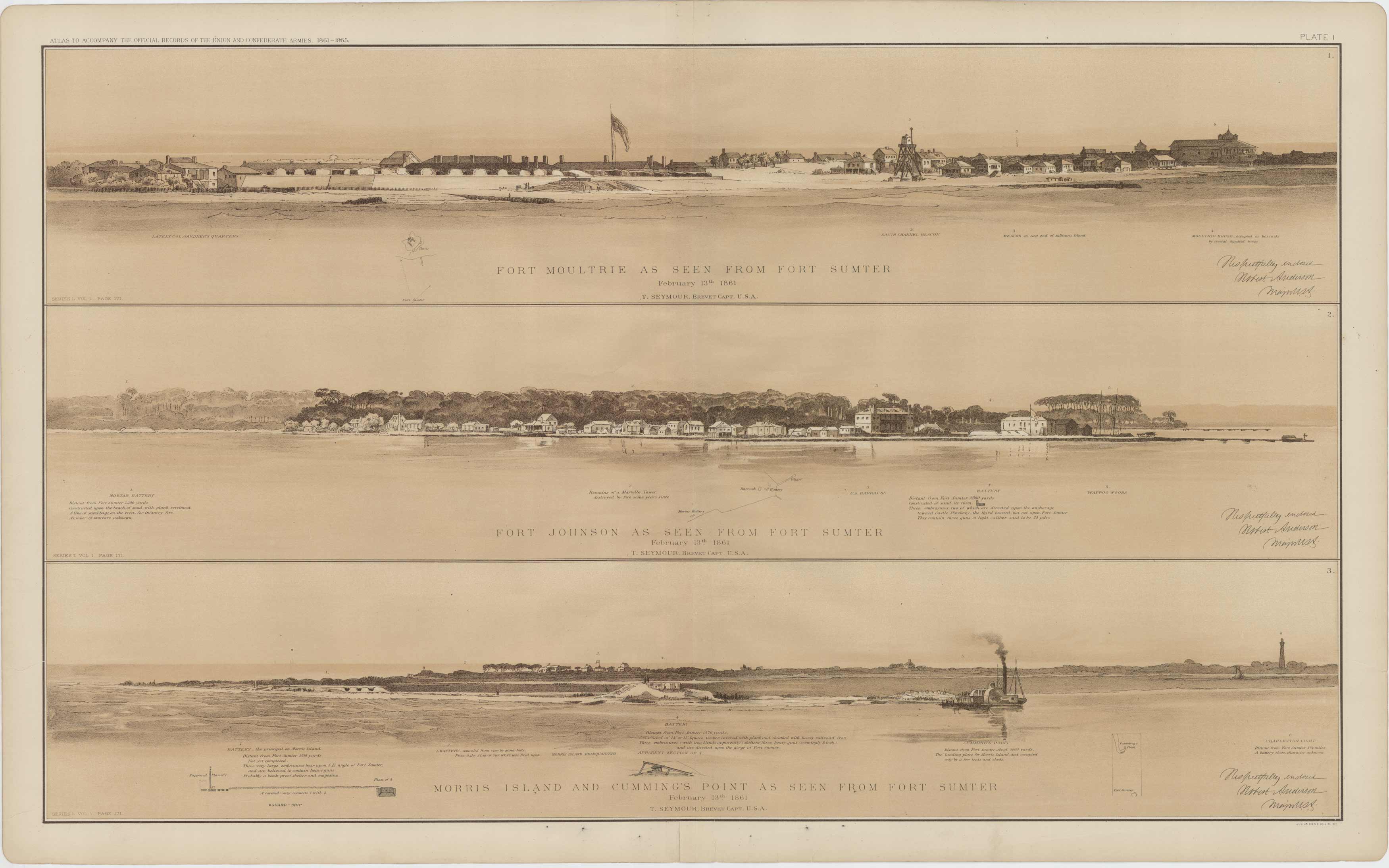 Civil War Atlas; Plate 1, Three Photographic Views from Fort Sumter ...