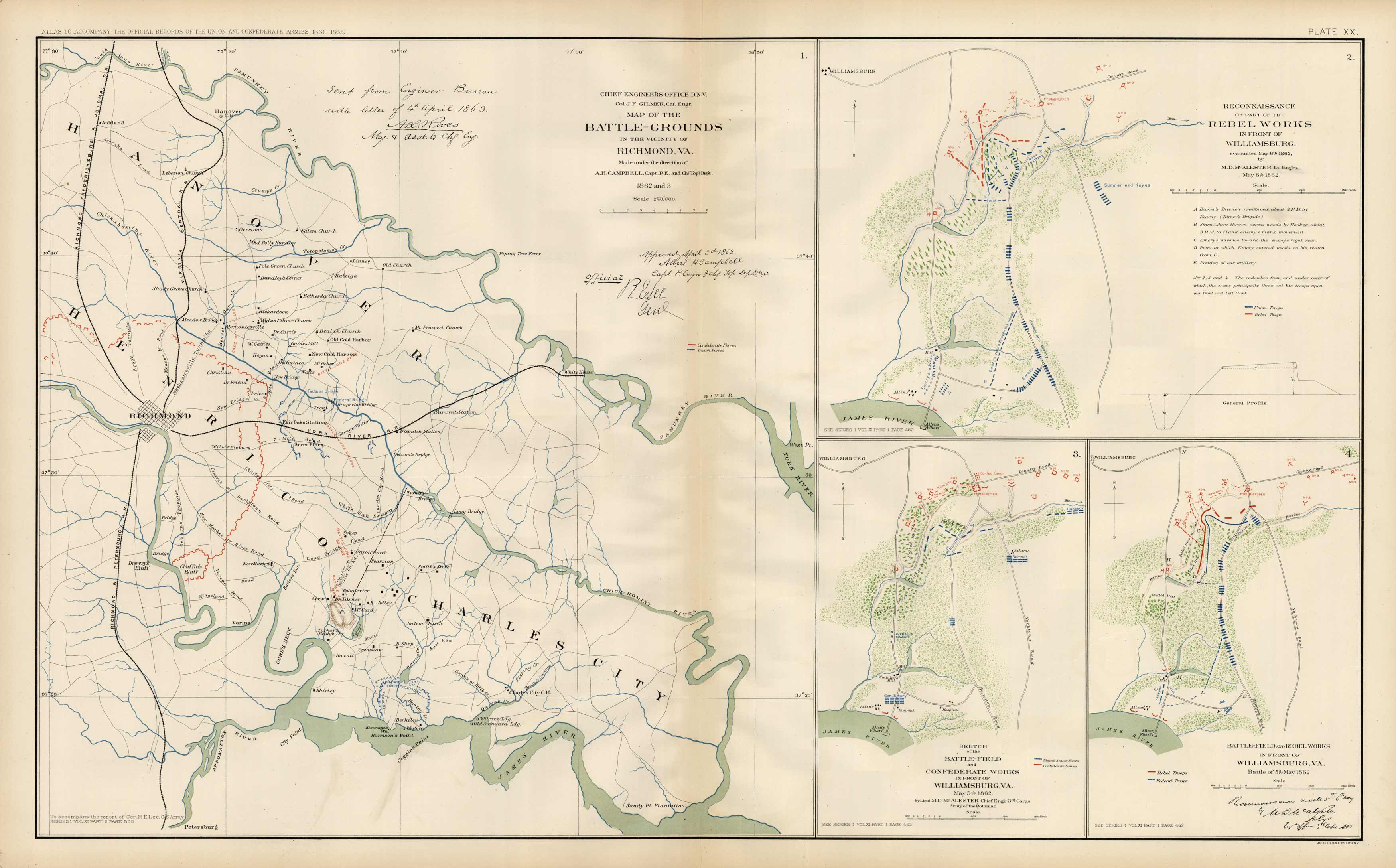 Civil War Atlas; Plate 20; Map of Battle-Grounds near Richmond and Williamsburg