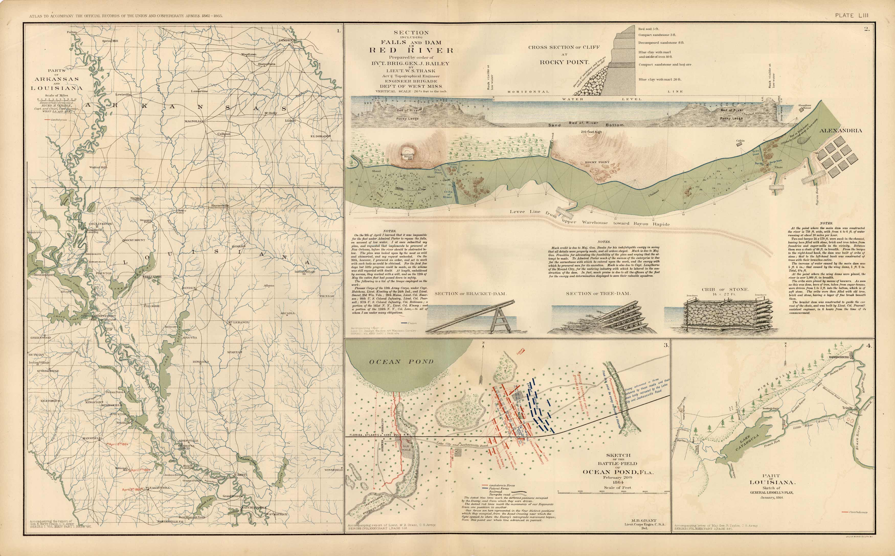 Civil War Atlas; Plate 53; Falls and Dam Red River; Battle Ocean Pond Civil War Atlas; Plate 53; Falls and Dam Red River; Battle Ocean Pond
