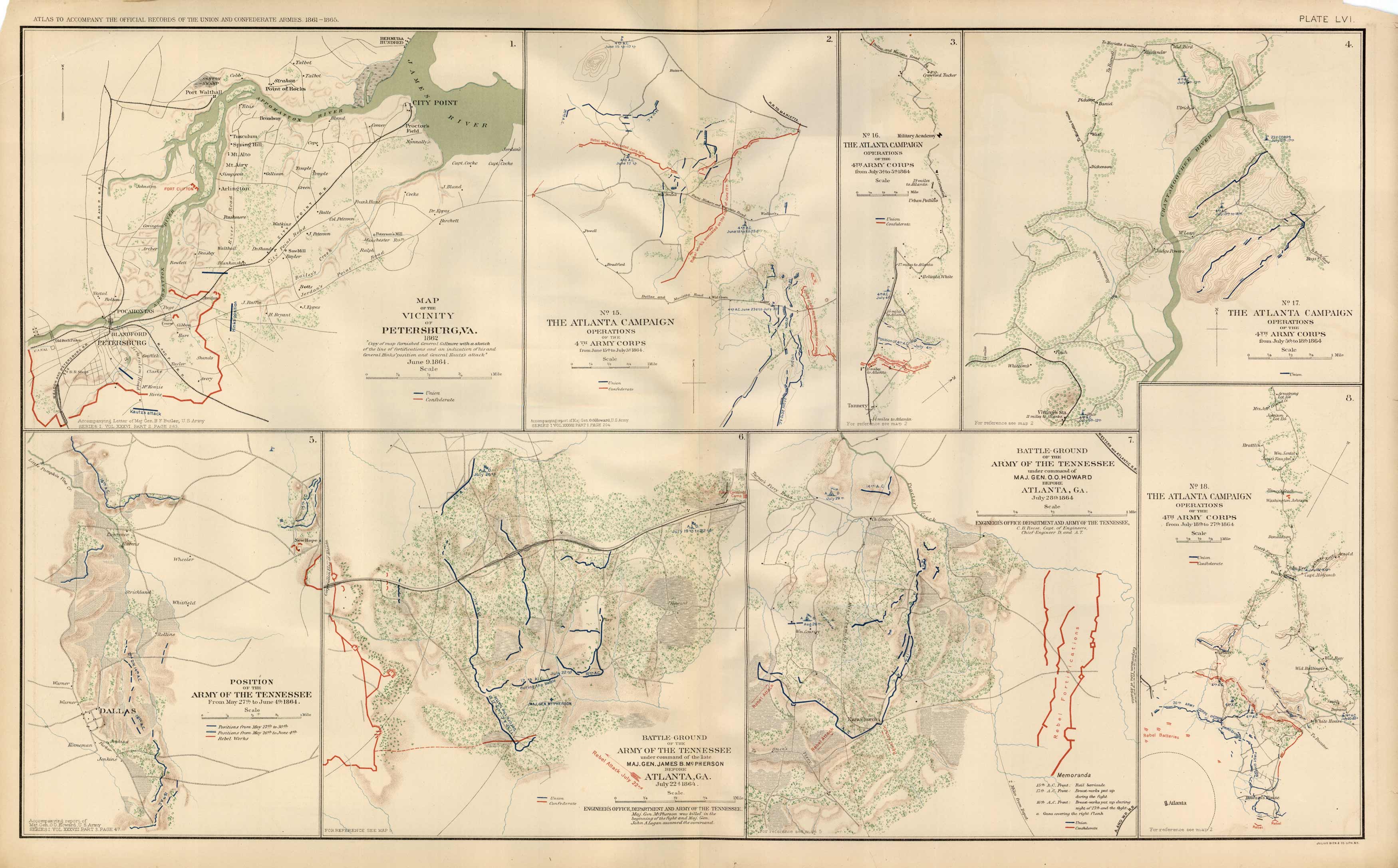 Civil War Atlas; Plate 56; Maps of Petersburg, The Atlanta Campaign ...