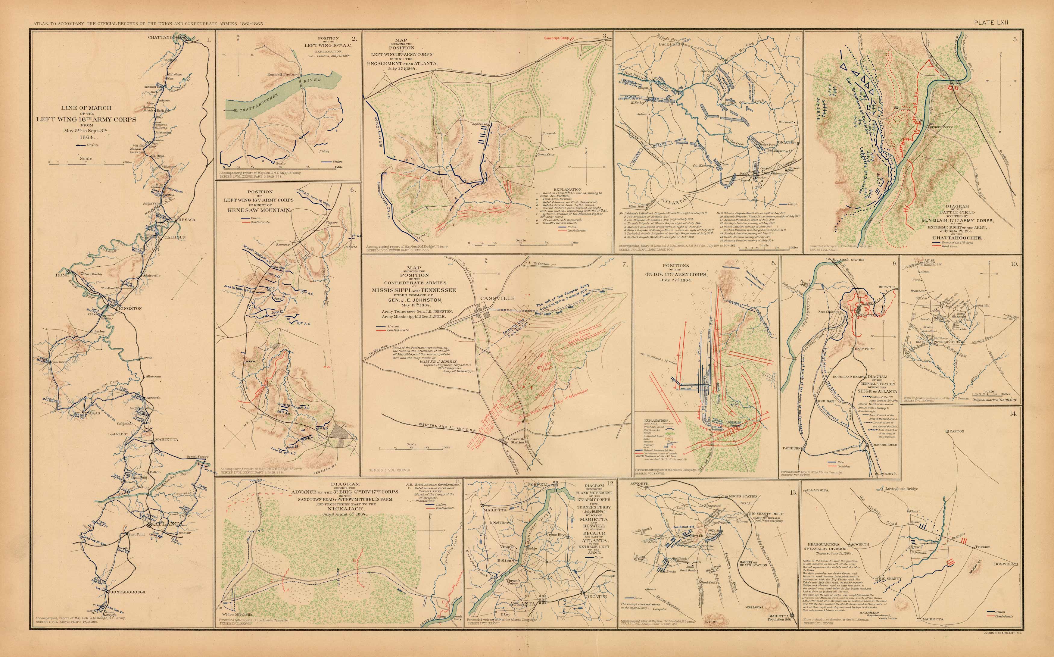 Civil War Atlas; Plate 62; Line of March of Left Wing 16th Army Corps Civil War Atlas; Plate 62; Line of March of Left Wing 16th Army Corps