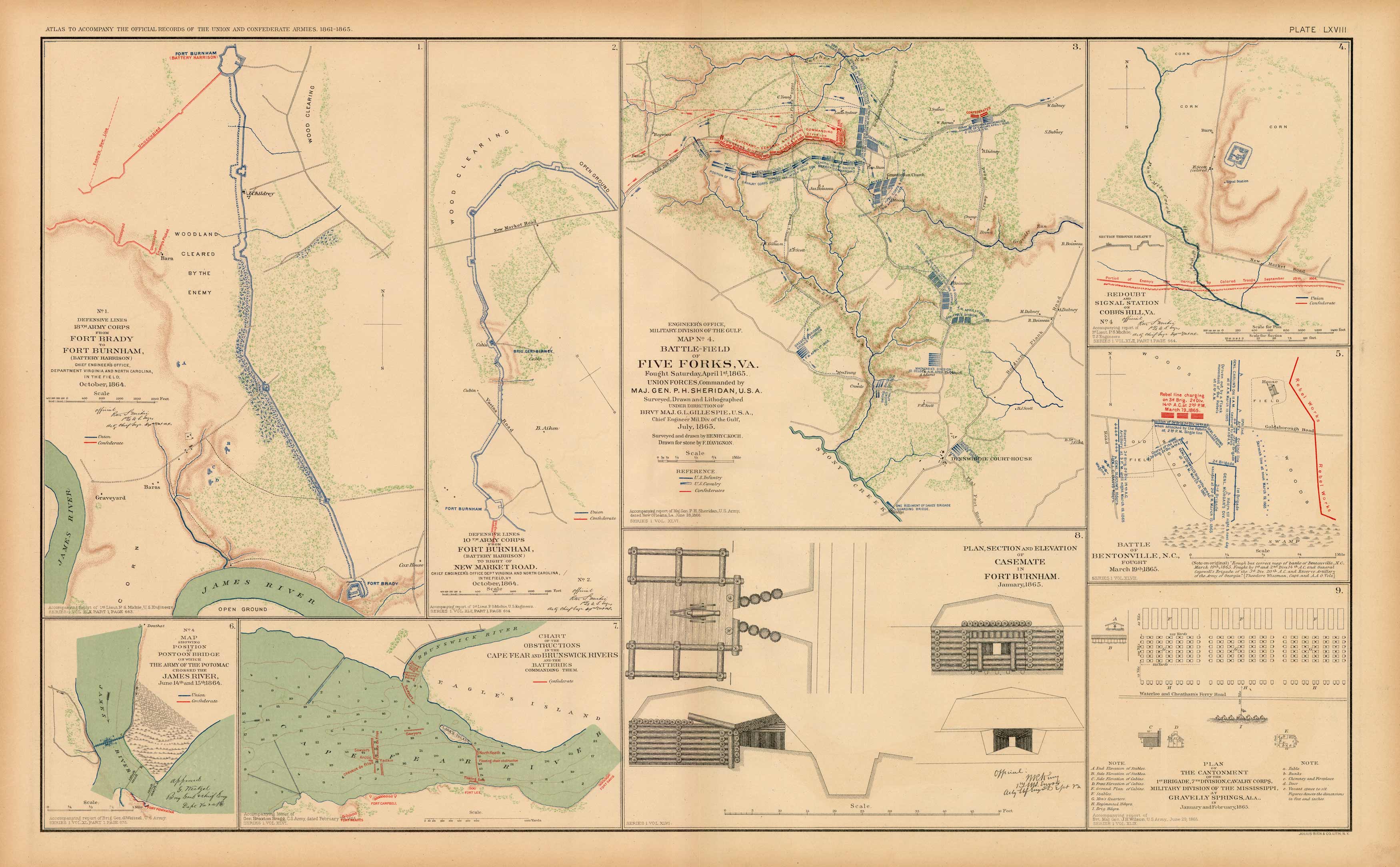 Civil War Atlas; Plate 68; Maps of Fort Burnham and Brady; Battle of
