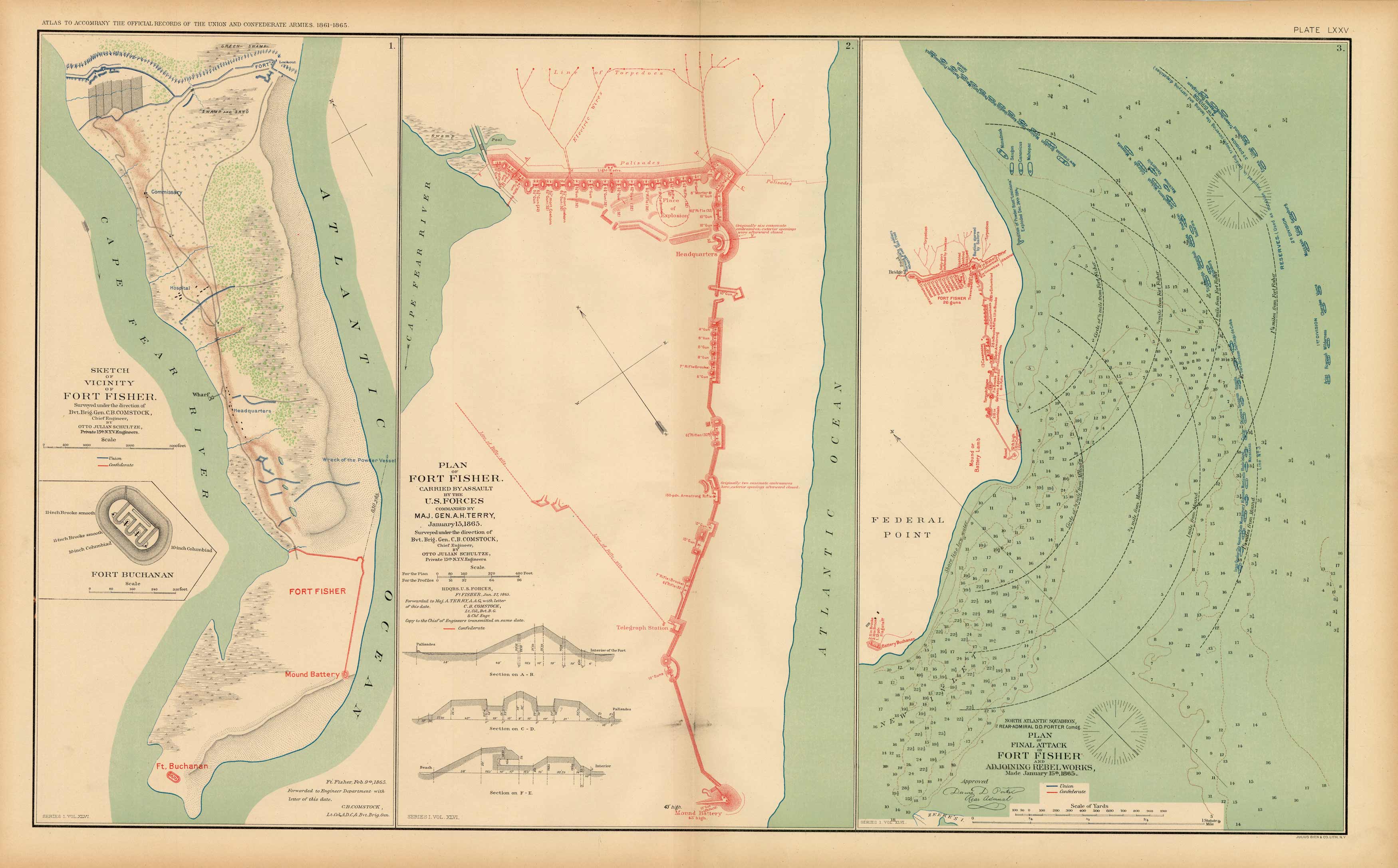 Civil War Atlas Plate 75 Fort Fisher Plan Of Attack Of Vicinity Of