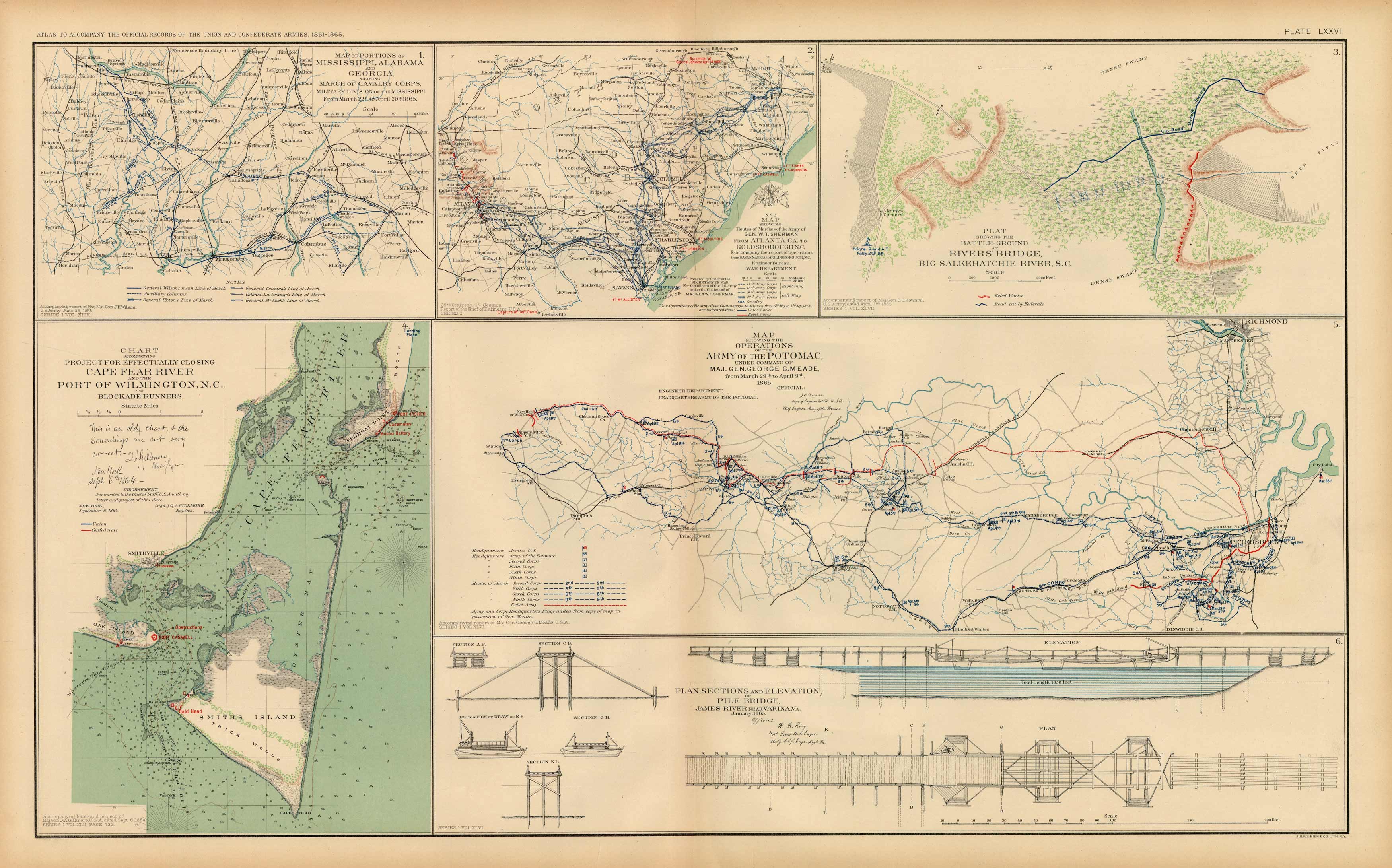 Civil War Atlas; Plate 76; Maps of Cape Fear River and Port of Wilmington; Battle of Rivers Bridge; Army of the Potomac' Civil War Atlas; Plate 76; Maps of Cape Fear River and Port of Wilmington; Battle of Rivers Bridge; Army of the Potomac'