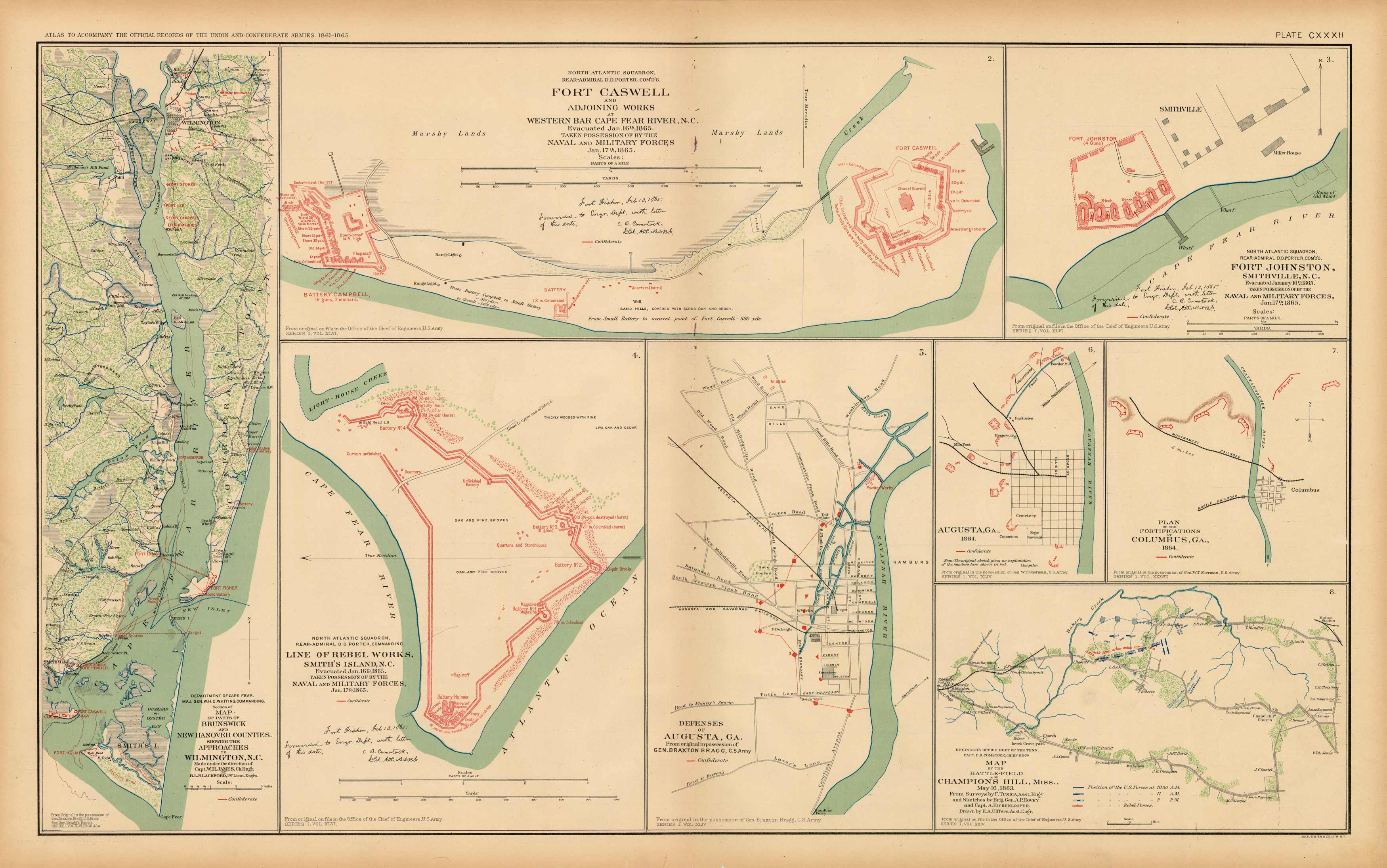 Civil War Atlas Plate 132 Line Of Rebel Works Smiths Island Nc Augusta Ga Brunswick New