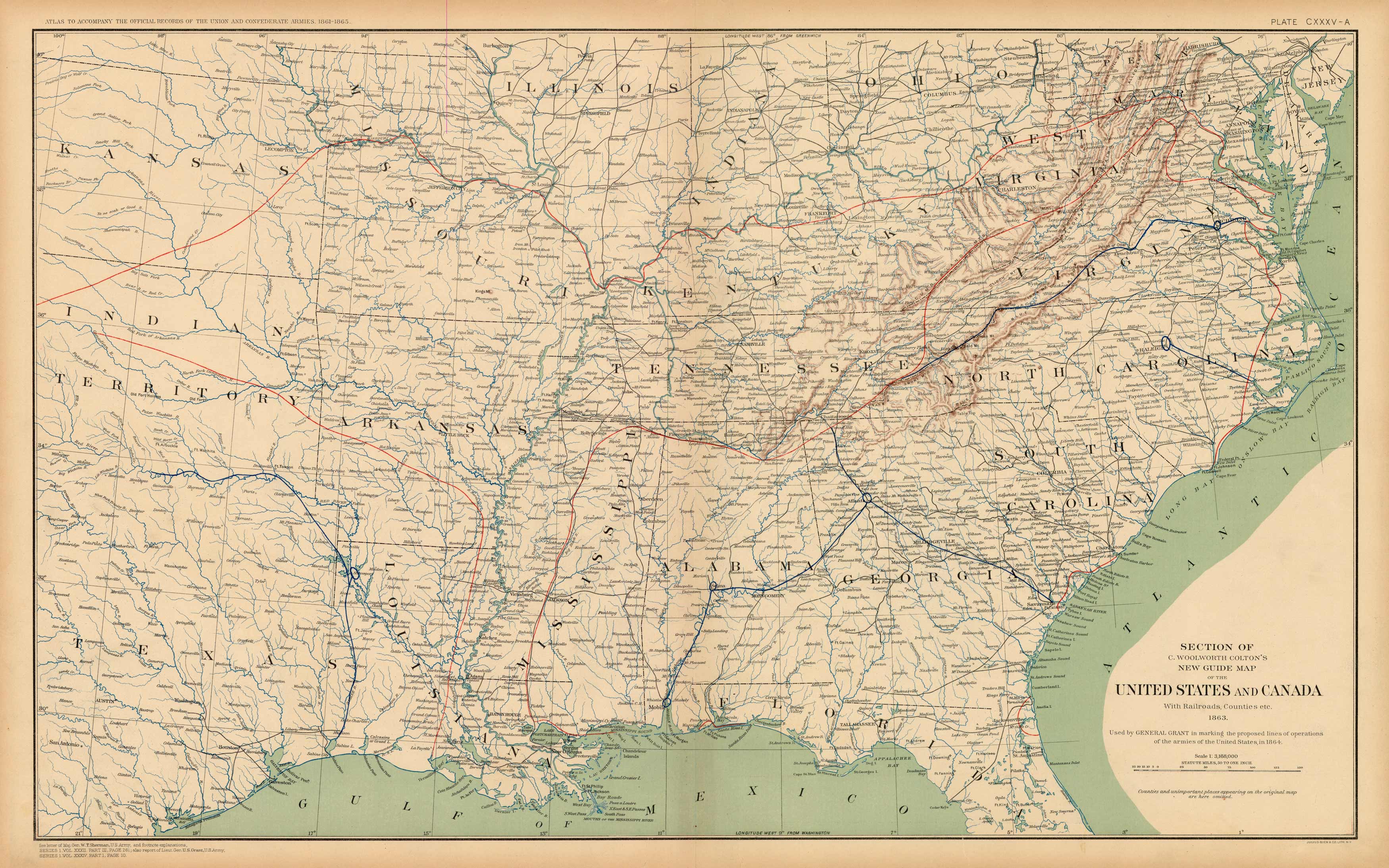 Civil War Atlas: Plate 135-a; Section of Coltons New Guide Map of the ...