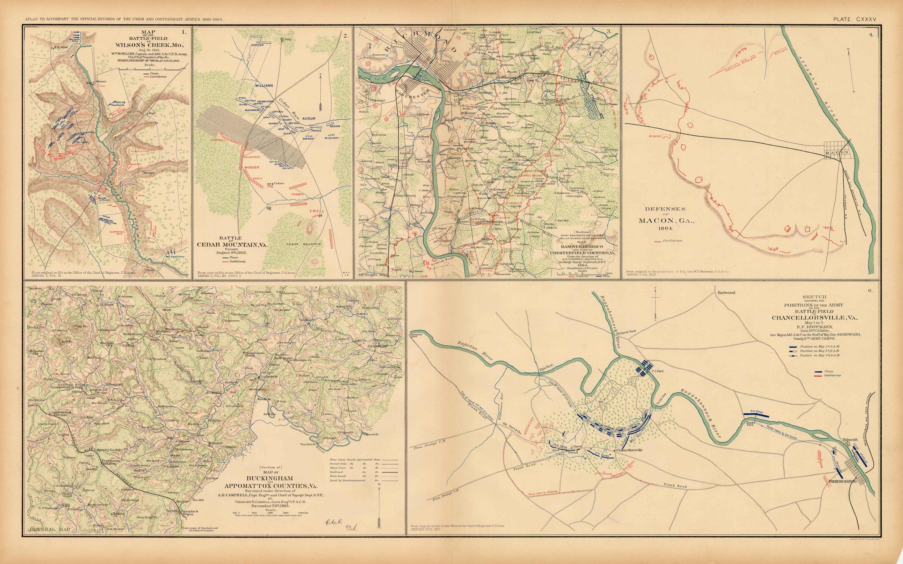 Civil War Atlas: Plate 135; Buckingham and Appomattox; Battle of Cedar Mountain; Chancellorsville; Defenses of Macon; Richmond Civil War Atlas: Plate 135; Buckingham and Appomattox; Battle of Cedar Mountain; Chancellorsville; Defenses of Macon; Richmond