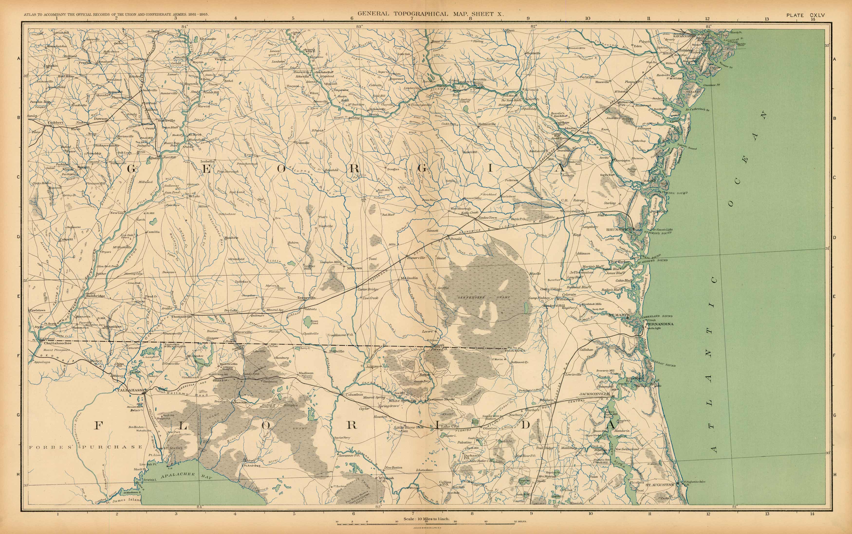 Civil War Atlas; Plate 145; Topographical Map of the Theatre of War; Georgia and Florida Civil War Atlas; Plate 145; Topographical Map of the Theatre of War; Georgia and Florida
