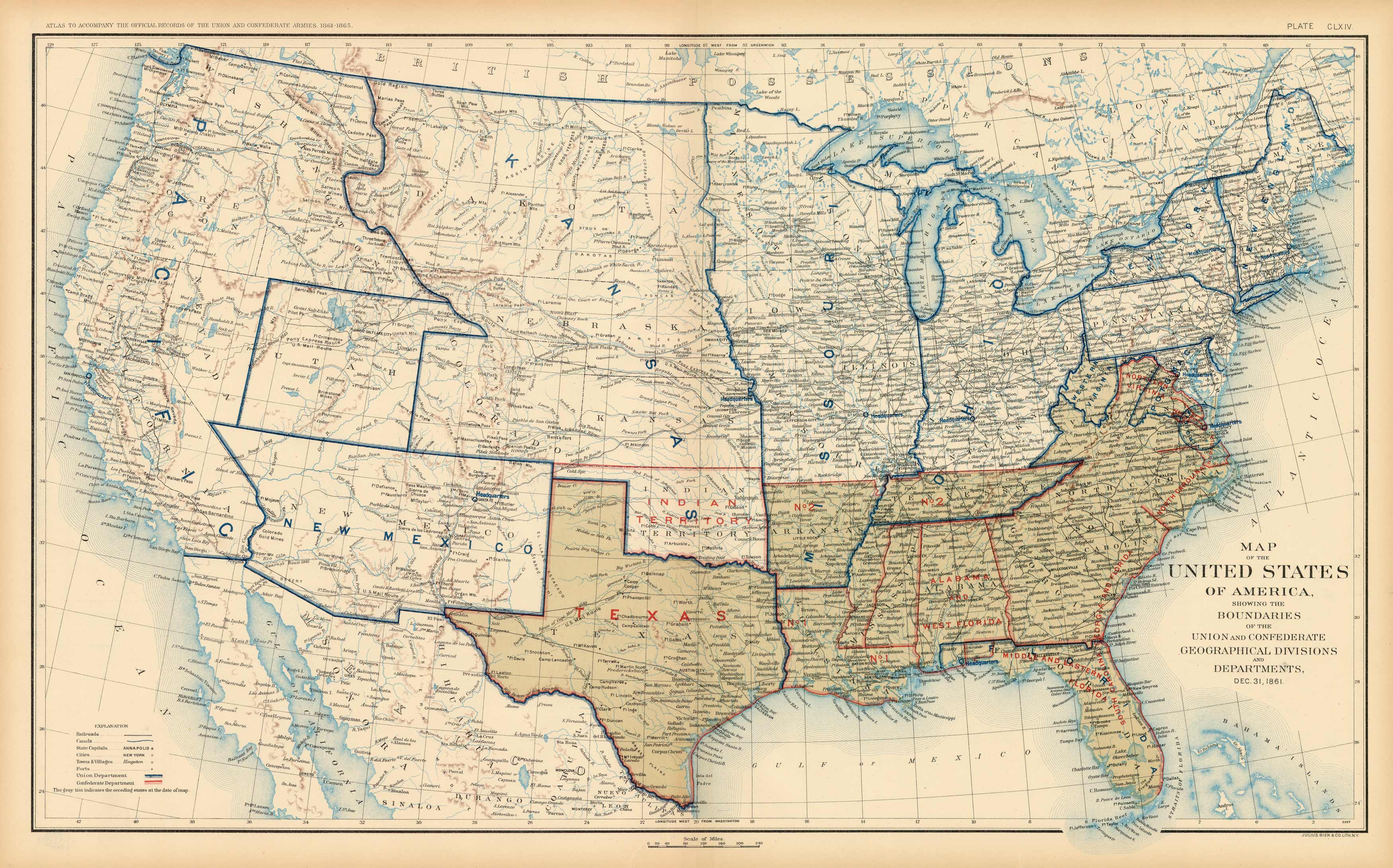 Civil War Atlas; Plate 164; Map of the United States of America Showing the Boundaries of the Union and Confederate Geographical Divisions and Departments Civil War Atlas; Plate 164; Map of the United States of America Showing the Boundaries of the Union and Confederate Geographical Divisions and Departments