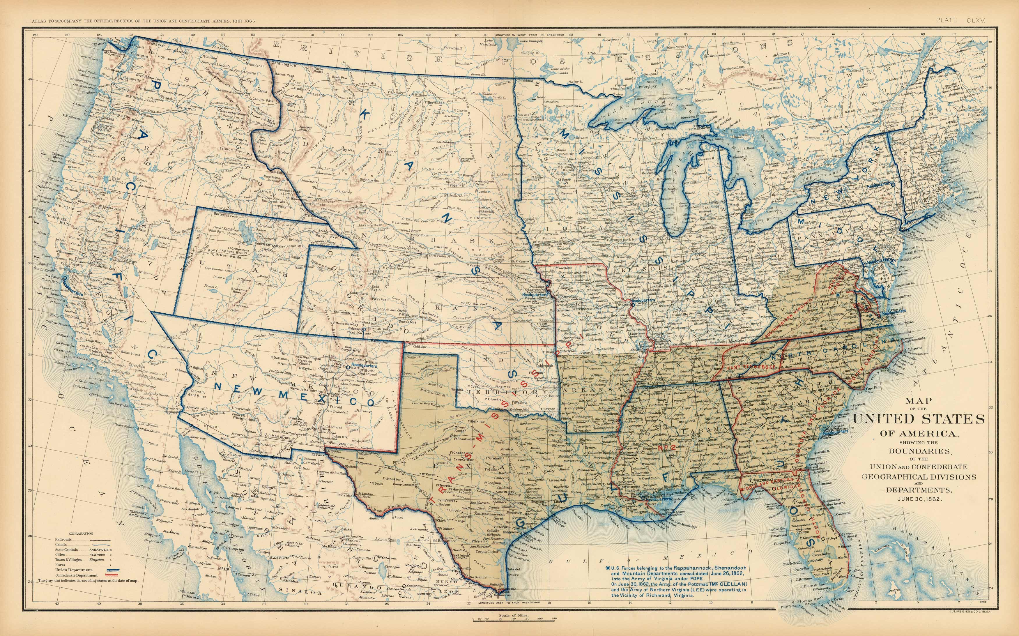 Civil War Atlas; Plate 165; Map of the United States of America Showing ...