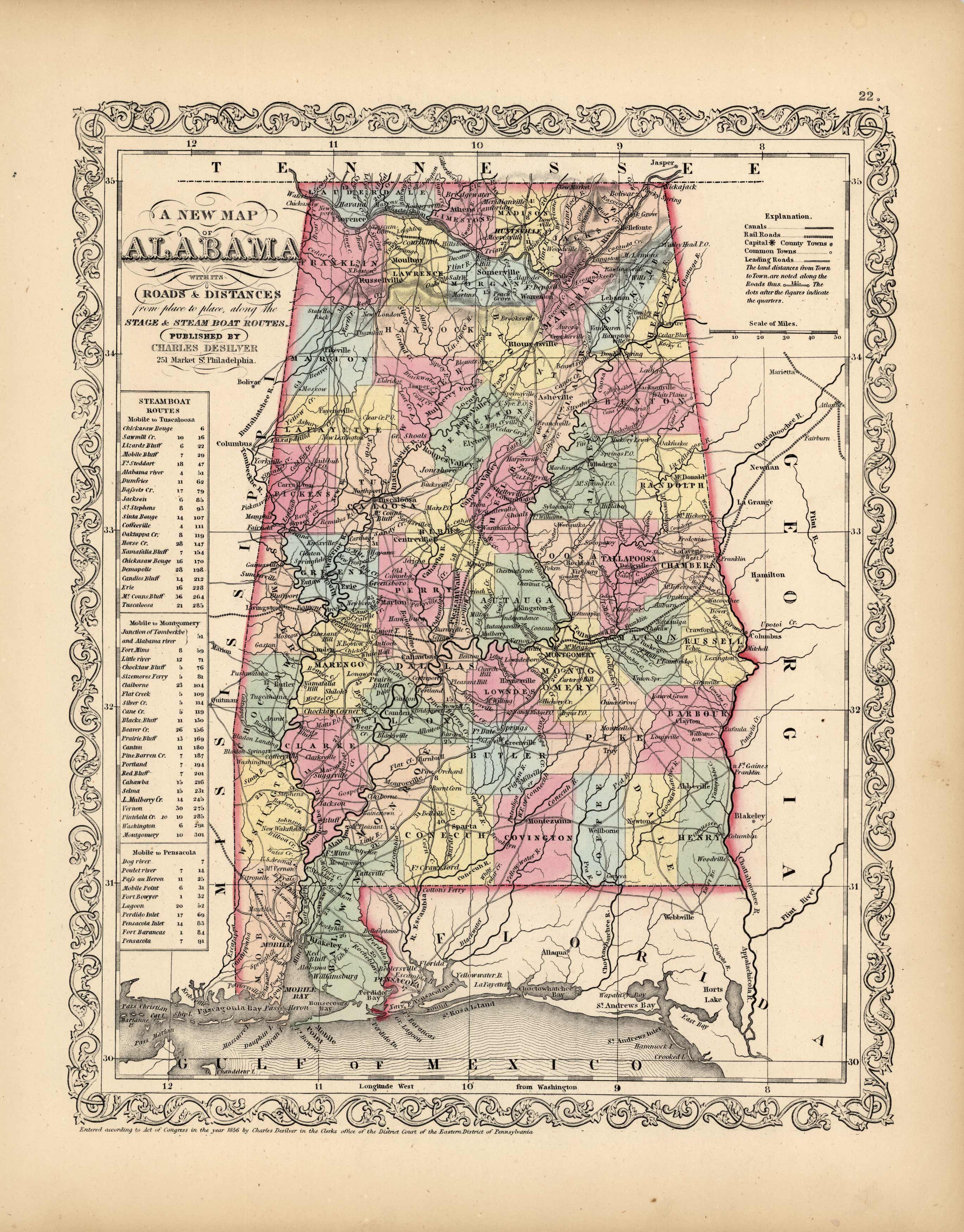 A New Map of Alabama with its Roads & Distances from place to place A New Map of Alabama with its Roads & Distances from place to place