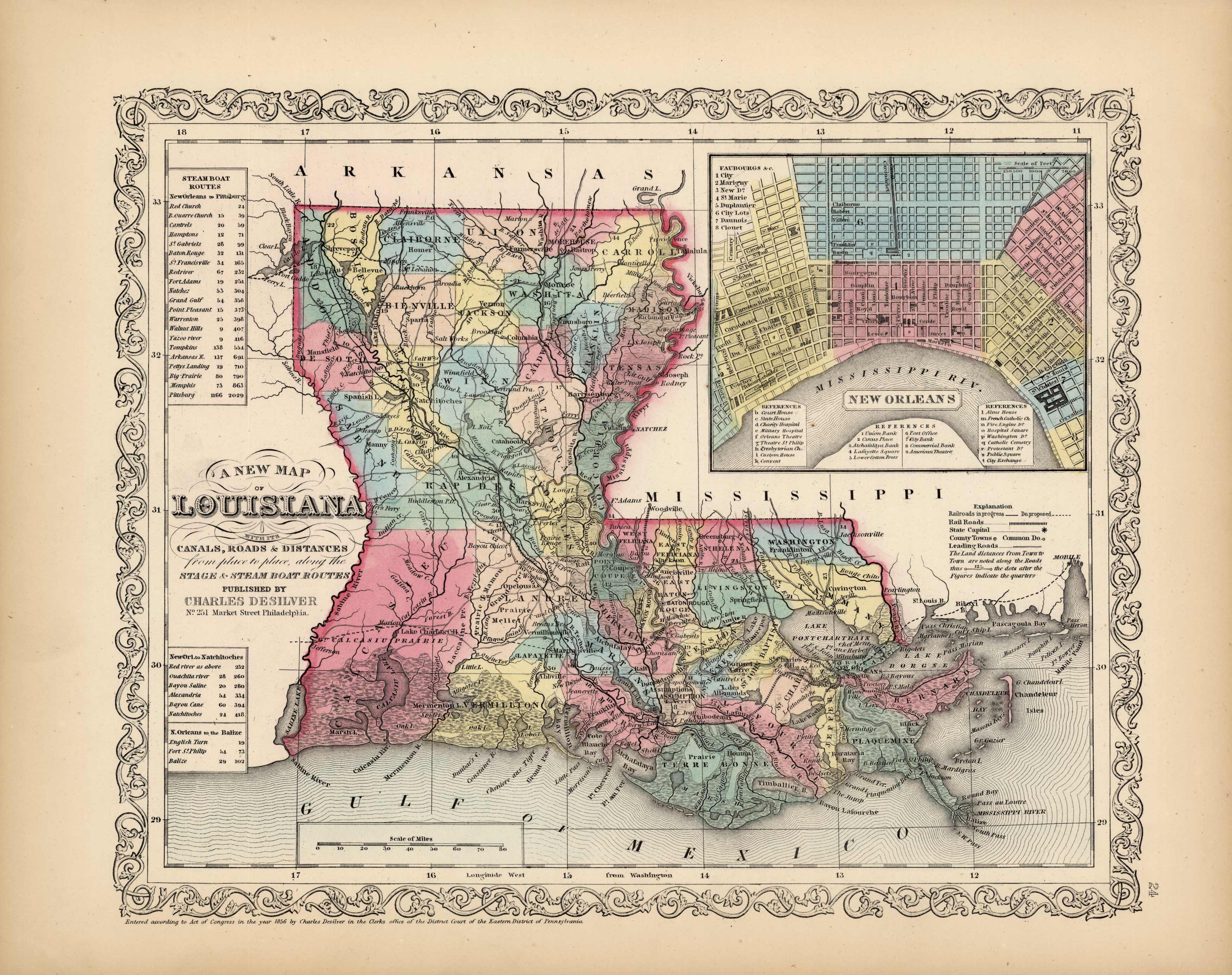 A New Map Of Louisiana With Its Canals, Roads & Distances From Place To 