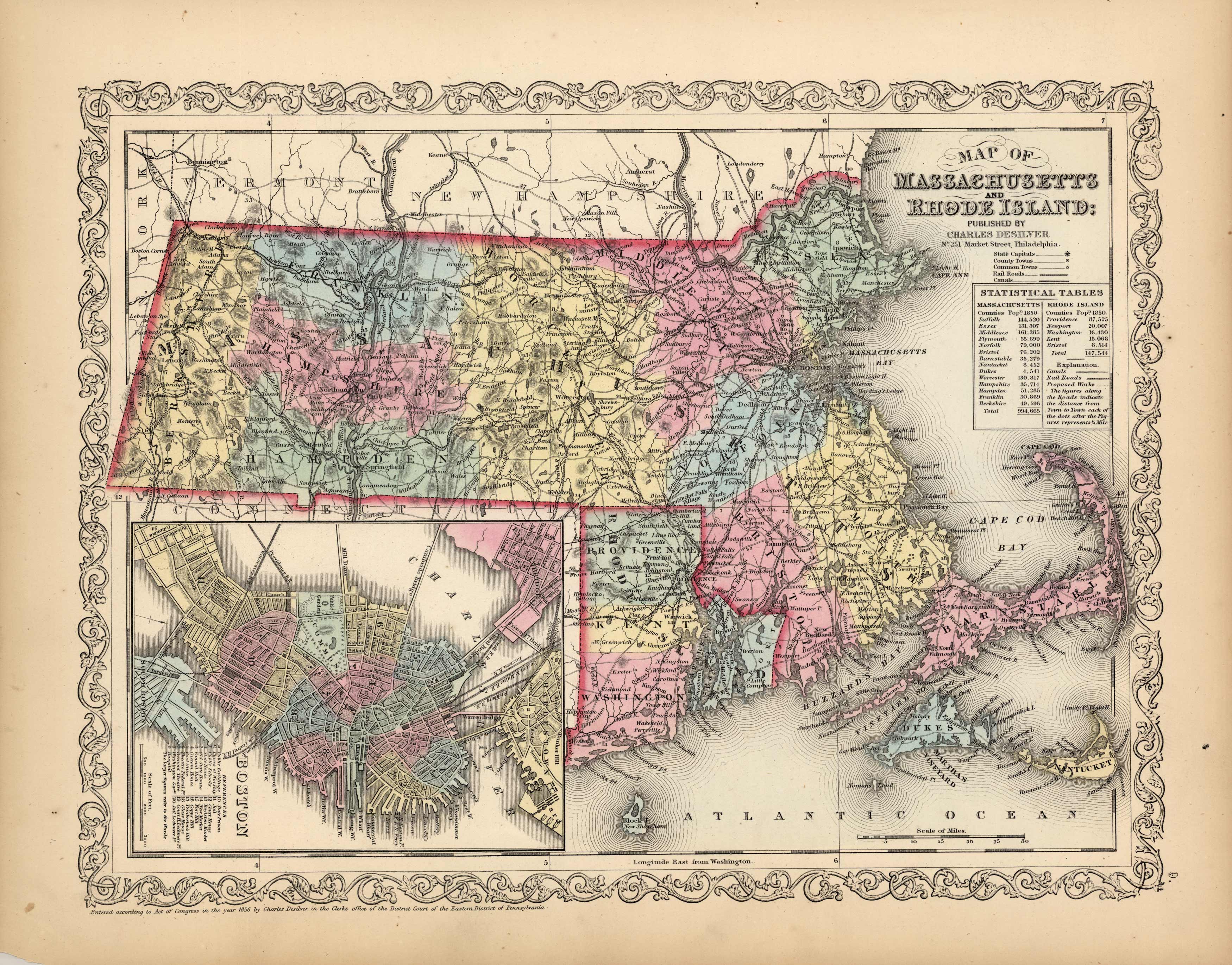 Map of Massachusetts and Rhode Island - Art Source International