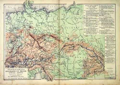 Carte Physique de LEurope Centrale Allemagne et Prusse Autriche - Hongrie (Physical chart of the Central Europe Germany
