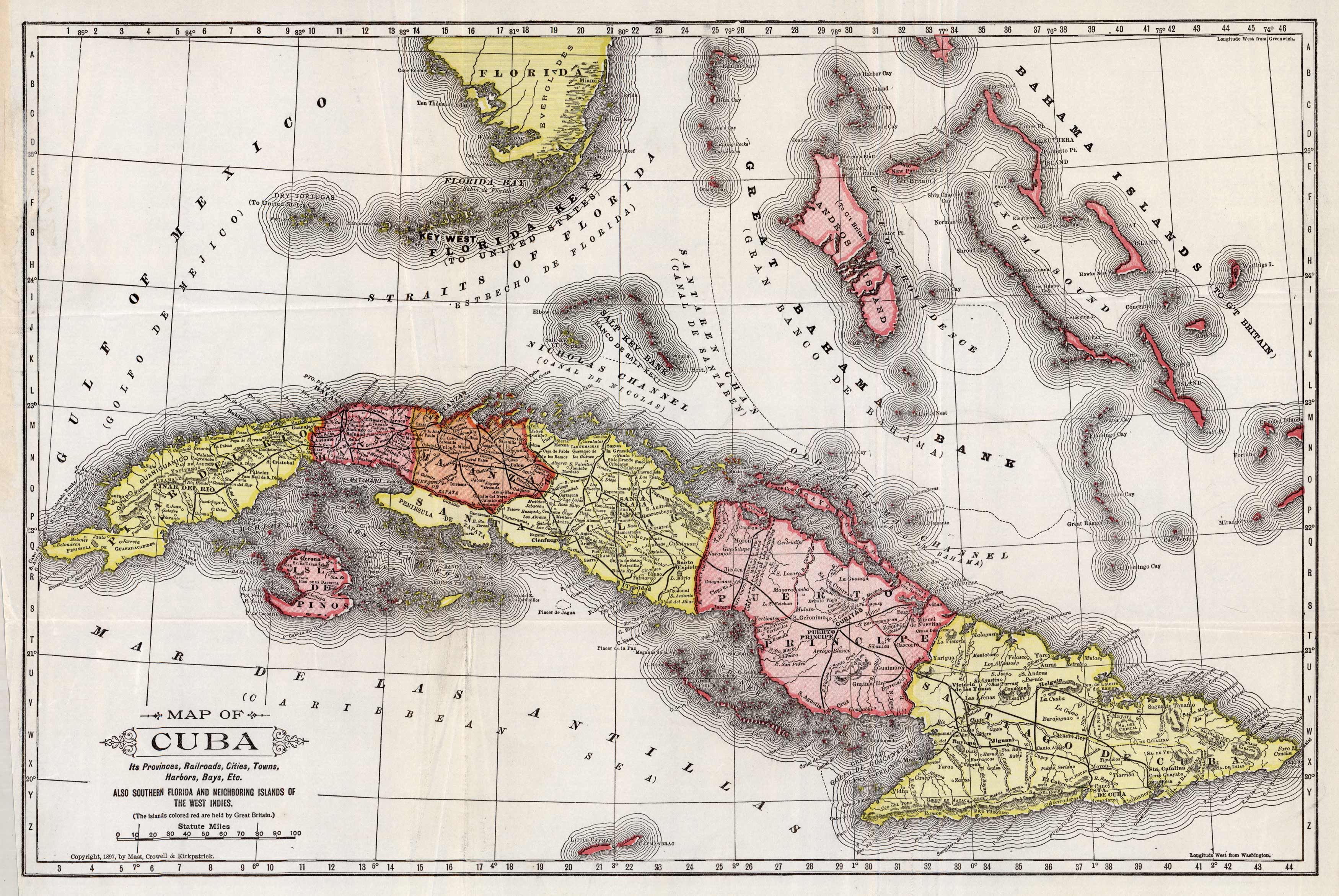 Map Of Cuba. Its Provinces, Railroads, Cities, Towns, Harbors, Bays 