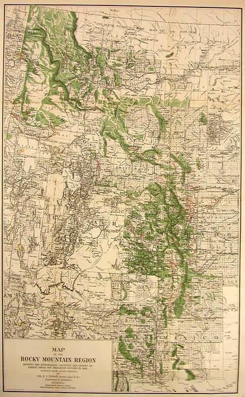 Map of the Rocky Mountain Region showing the approximate location and extent of Forest areas and irrigation ditches in 1885