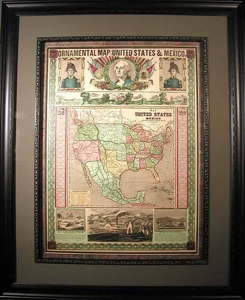 FRAMED Ornamental Map of the United States & Mexico