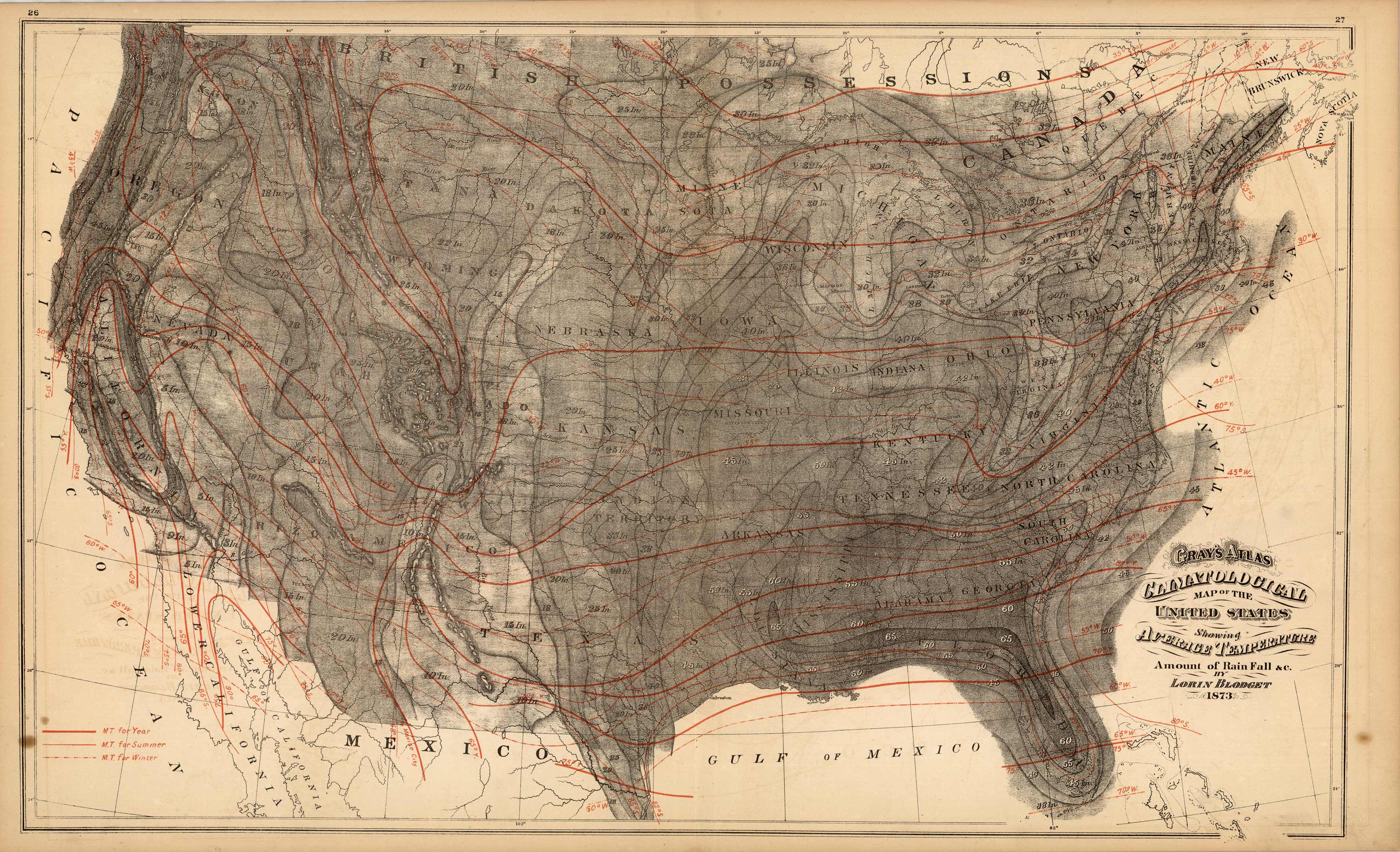 Grays Atlas Climatological Map of the United States Showing Average Temperature Amount of Rain Fall & c. By Lorin Blodget 1873'