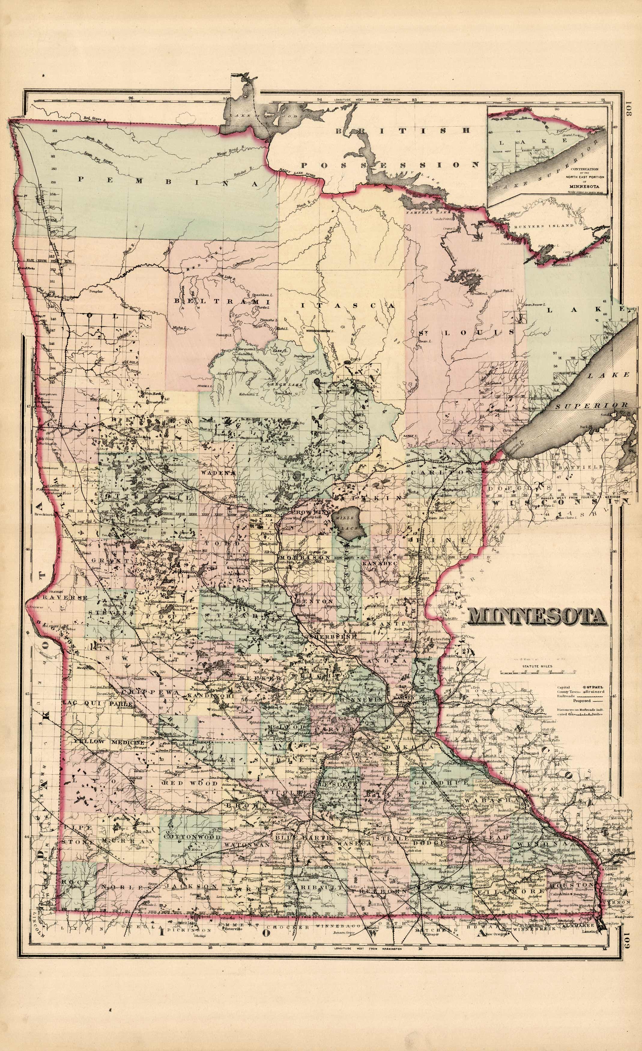 Gray's 1876 Map of Minnesota - Art Source International