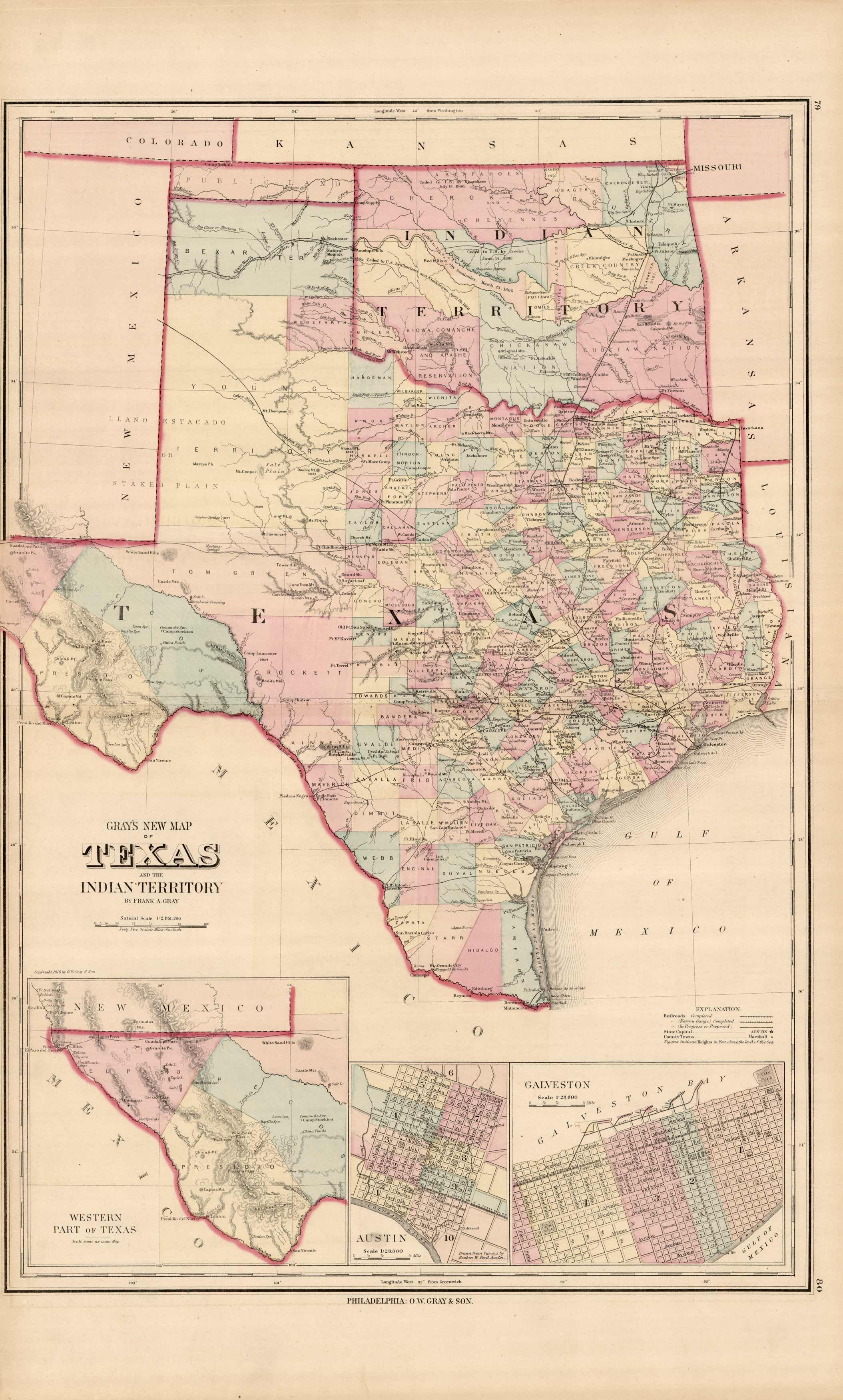 Gray's 1876 Map of Texas and the Indian Territory - Art Source ...