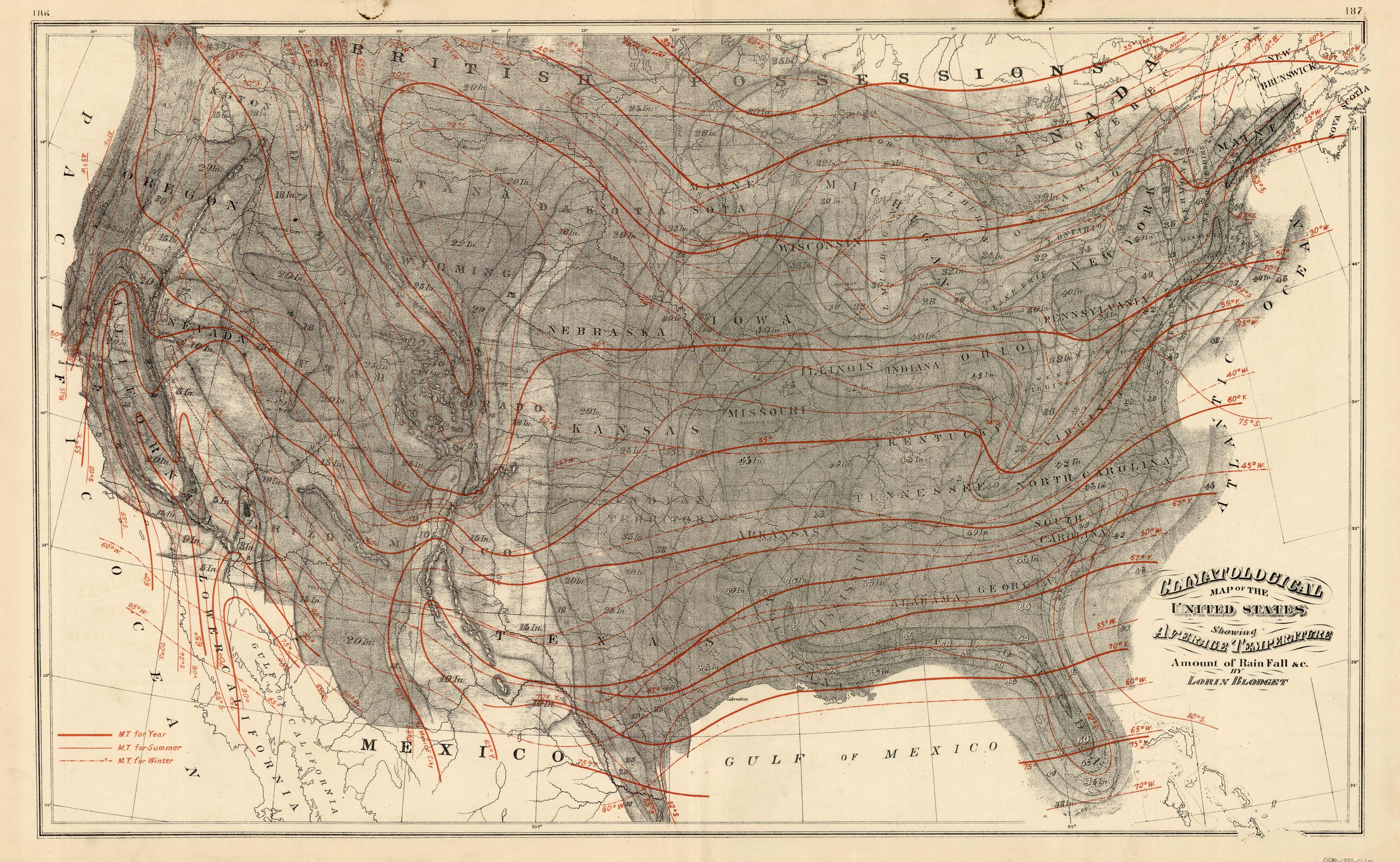 Climatological Map of the United States showing Average Temperature and Amount of Rainfall Climatological Map of the United States showing Average Temperature and Amount of Rainfall