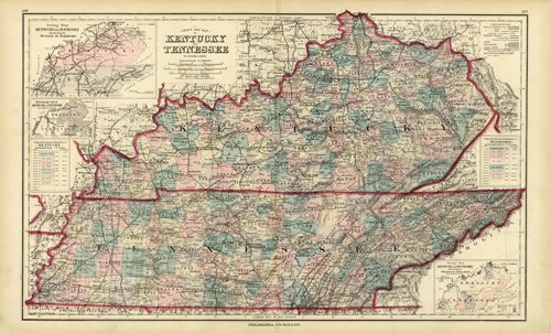 Grays New Map of Kentucky and Tennessee with inset maps of density of population in Kentucky and Tennessee