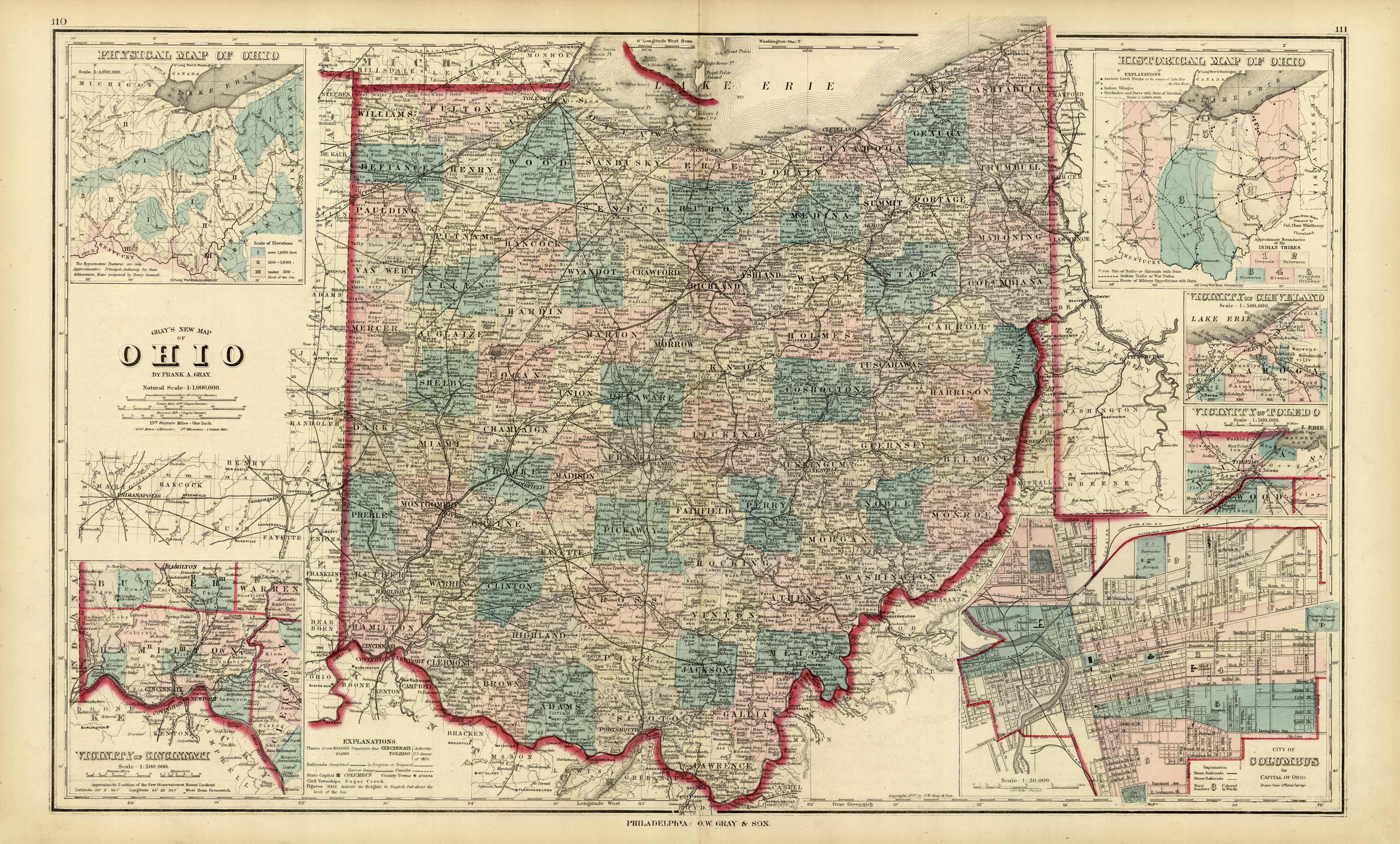 Grays Mew Map of Ohio with inset map of Physical Map of Ohio, Vicinity ...