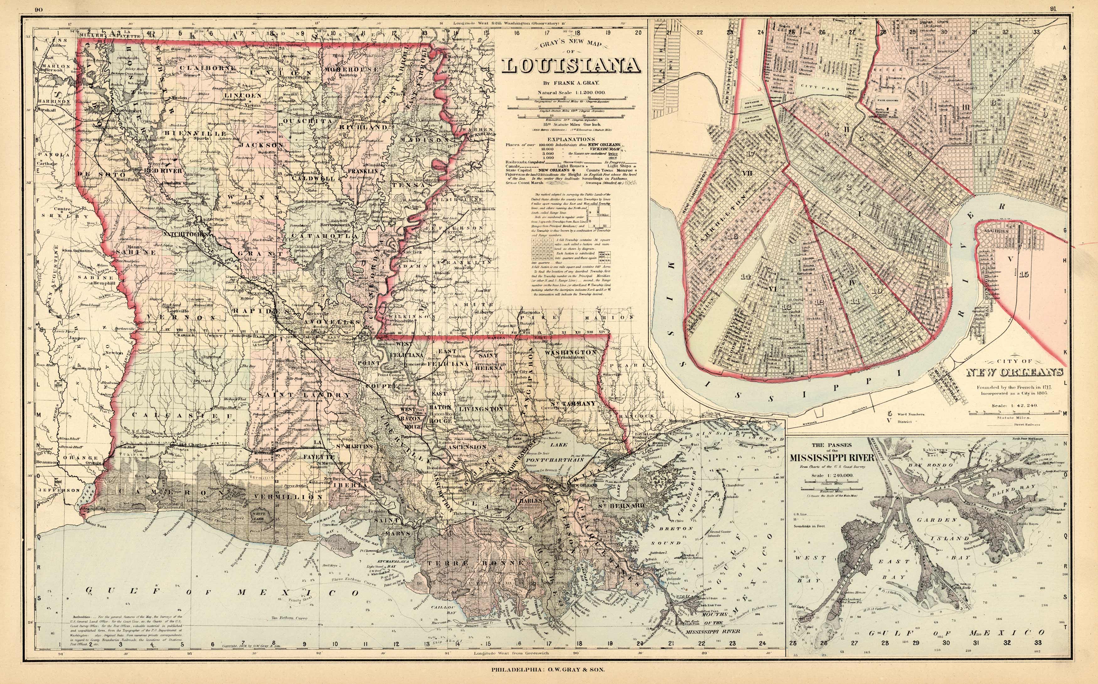 Louisiana with inset of New Orleans and the Passes of the Mississippi ...