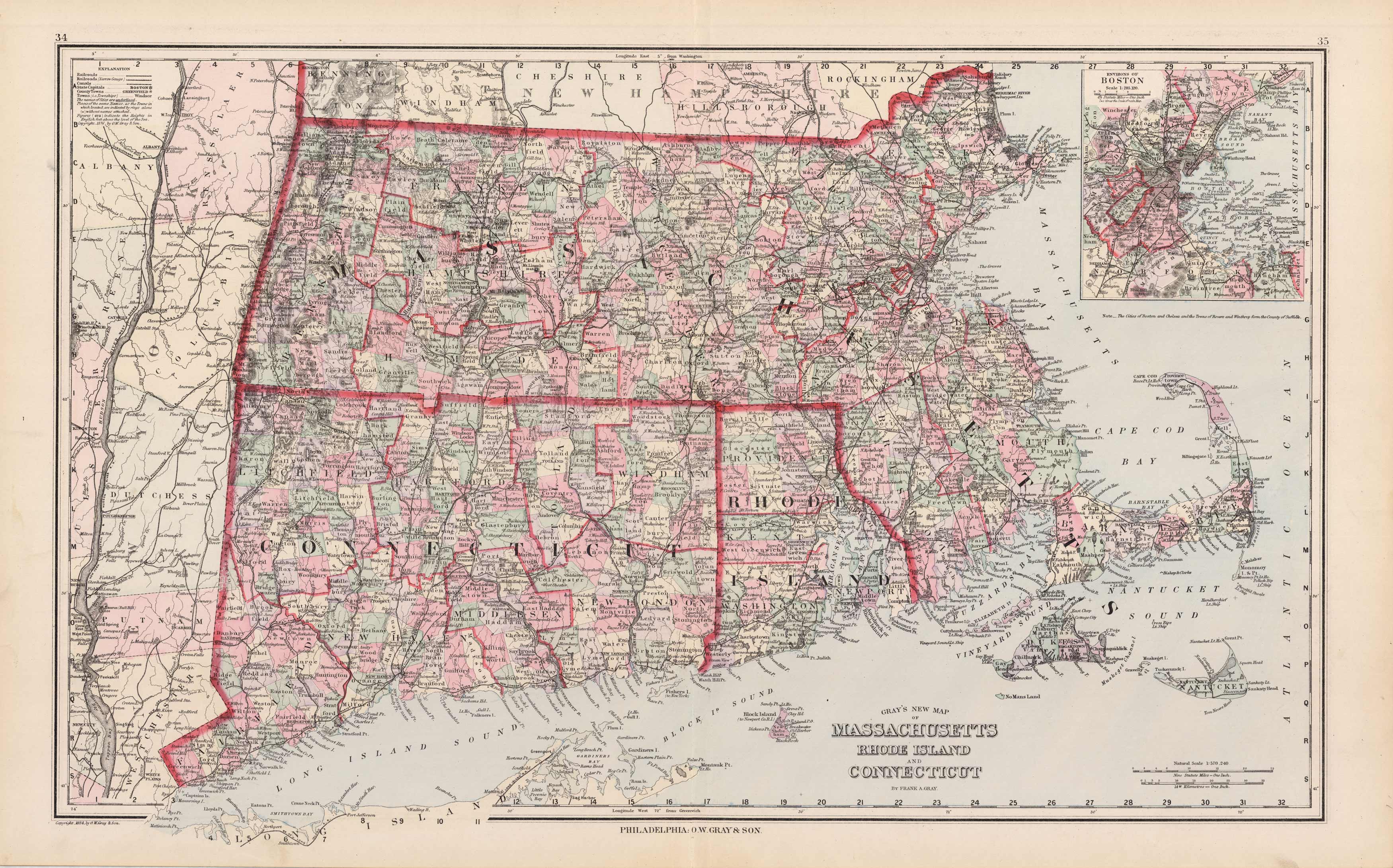 Grays New Map of Massachusetts, Rhode Island, and Connecticut' - Art ...