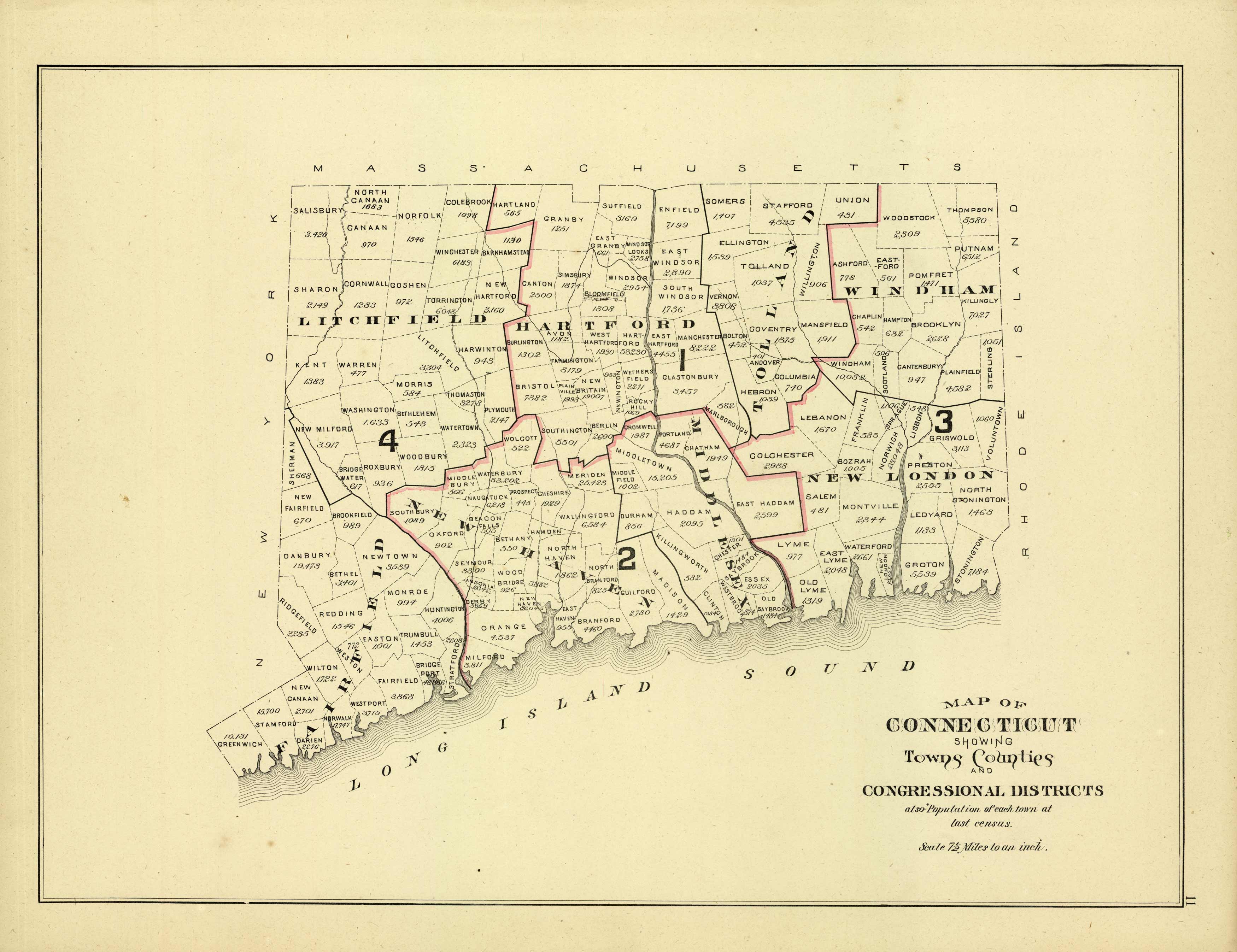 Map Of Connecticut Showing Towns Counties Congressional Disticts   HURD 1893 CT CONGRESS 