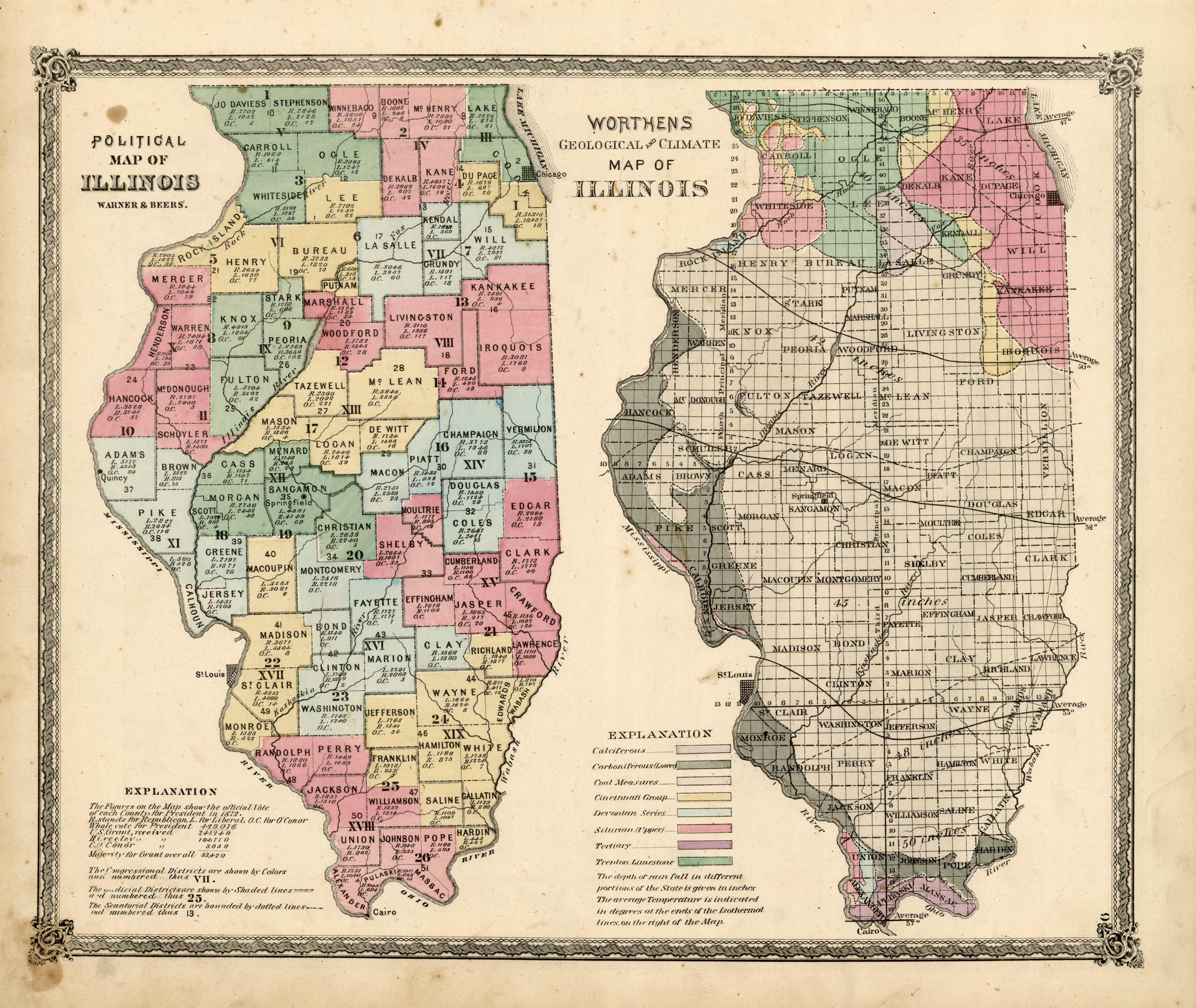 Political Map of Illinois / Worthens Geological and Climate Map of Illinois'