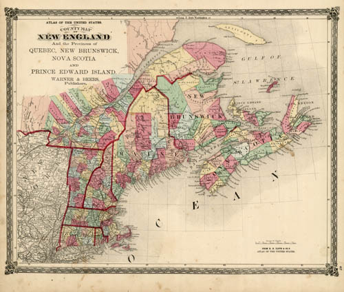 County Map Of New England And The Provinces Of Quebec, New Brunswick 