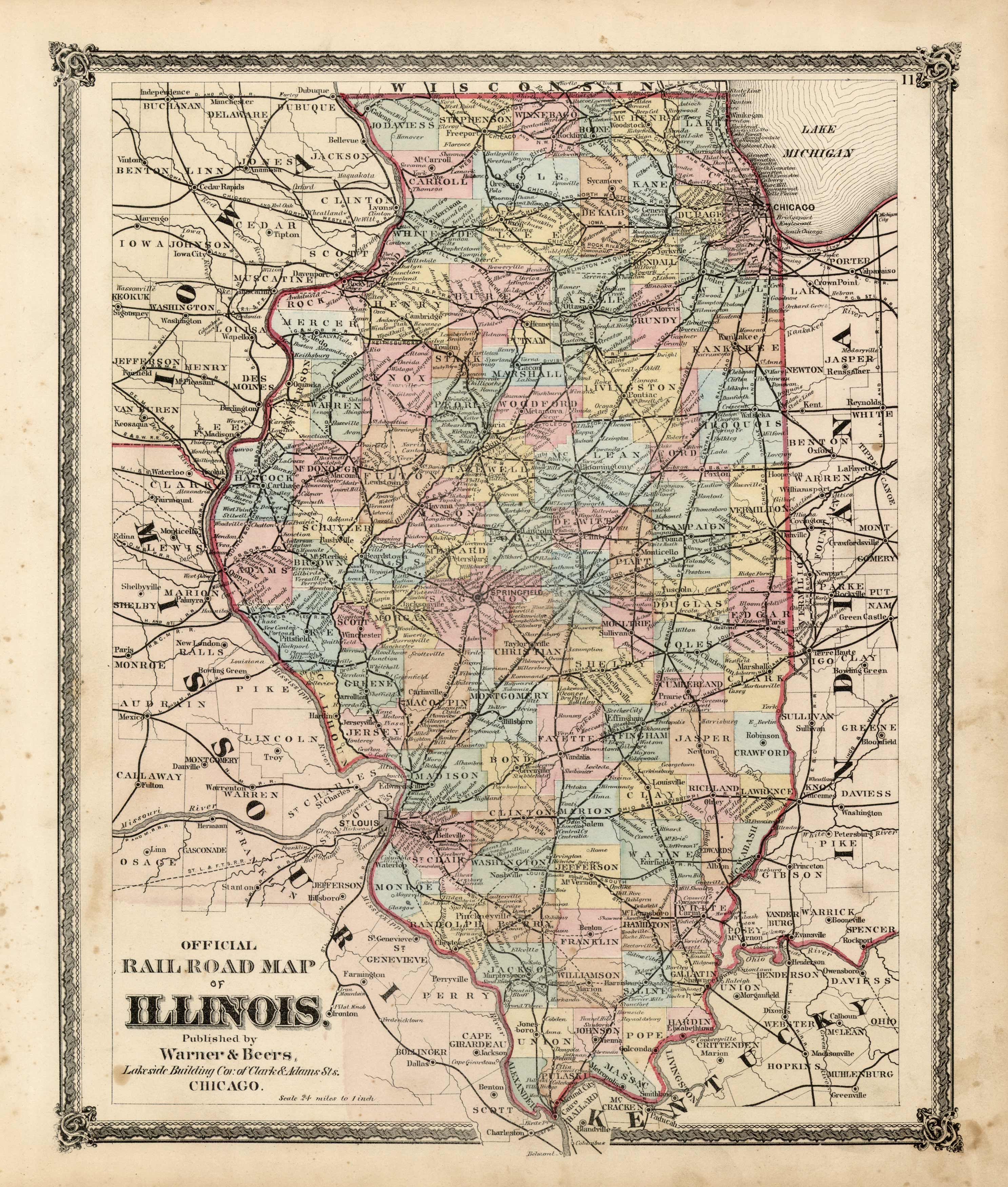 Illinois Railway Map IL 1874 RAILROAD 