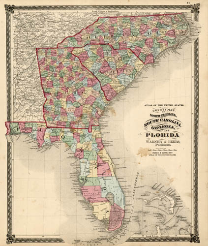 County Map of North Carolina, South Carolina, Georgia, and Florida ...