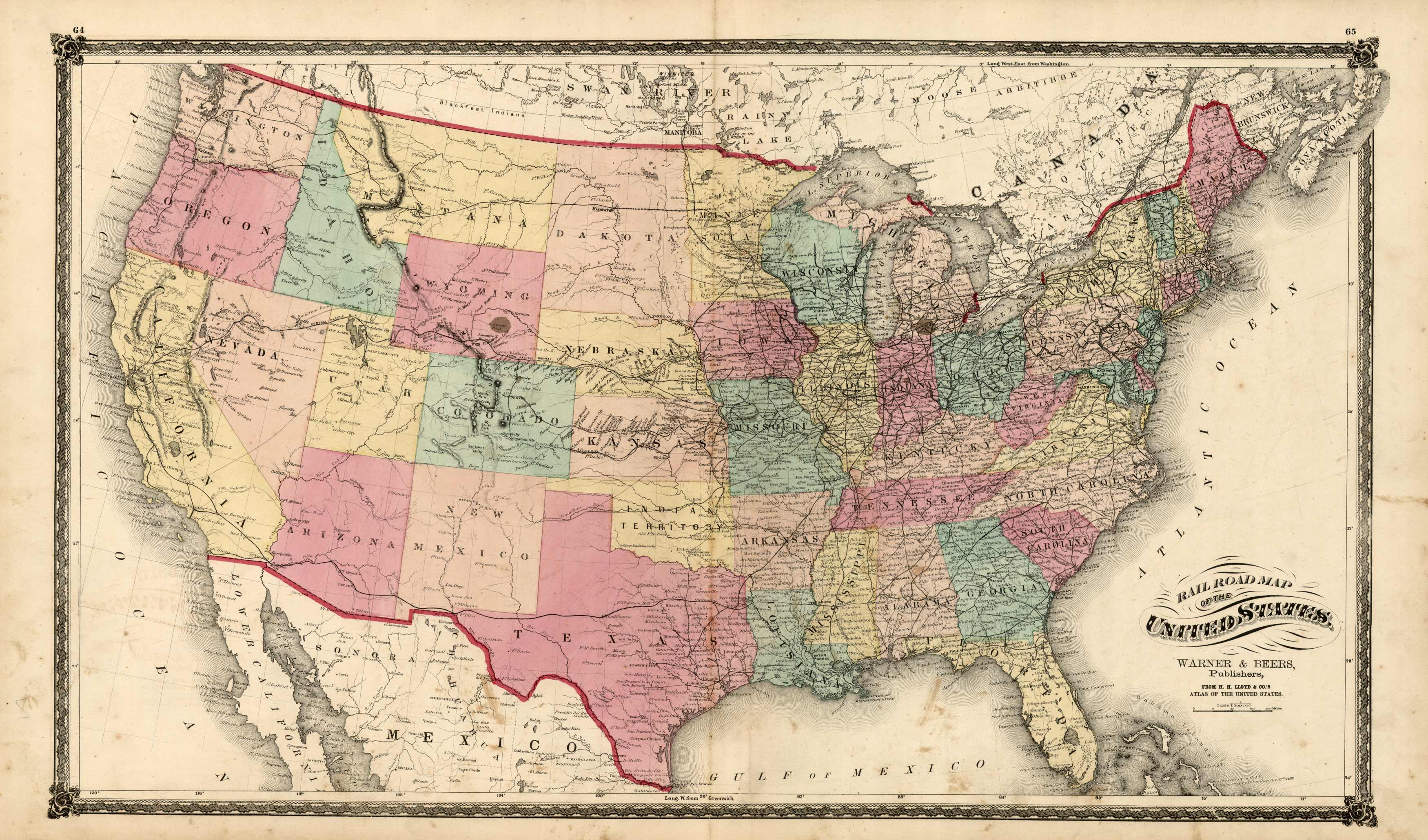 Railroad Map of the United States - IL 1874 USRR 