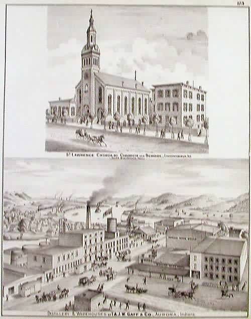 Views of Gaff Distillery and Warehouses in Aurora and the St. Lawrence Catholic Church and School in Lawrenceburgh