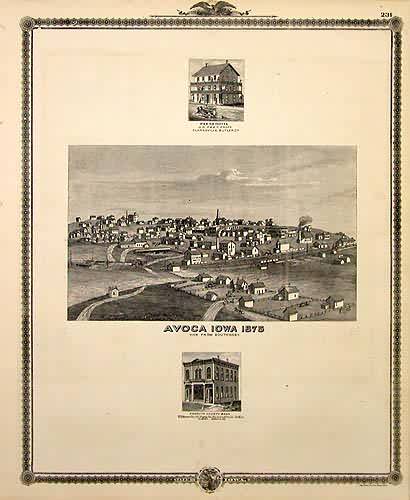 Views of Peets Hotel in Clarksville and Kossuth County Bank in Algona and a birds eye view of Avoca