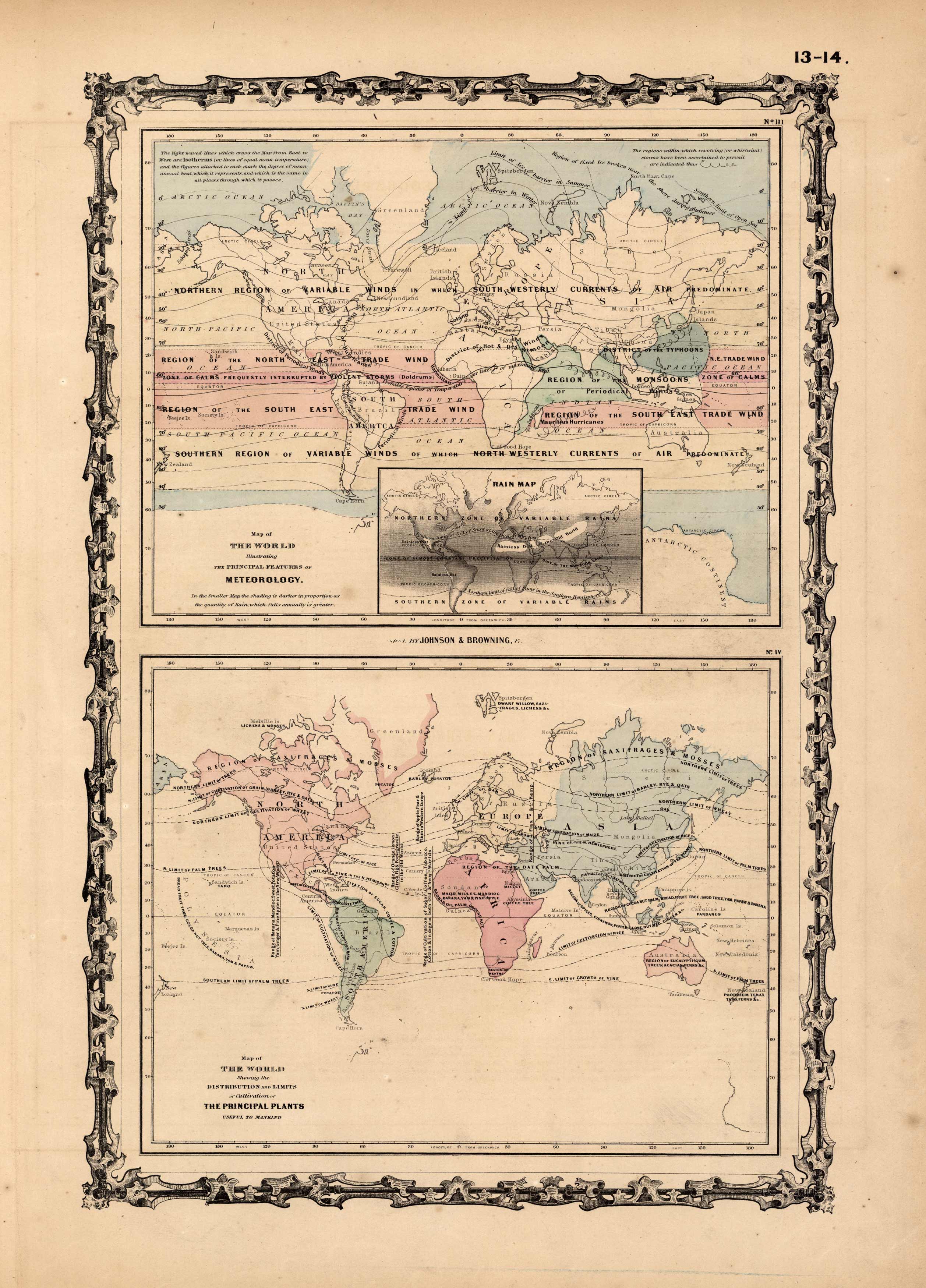 Map of the World Illustrating the Principal Features of Meteorology - Map of the World Showing the Distribution and Limits of Cultivation of the Principal Plants Useful to Mankind Map of the World Illustrating the Principal Features of Meteorology - Map of the World Showing the Distribution and Limits of Cultivation of the Principal Plants Useful to Mankind