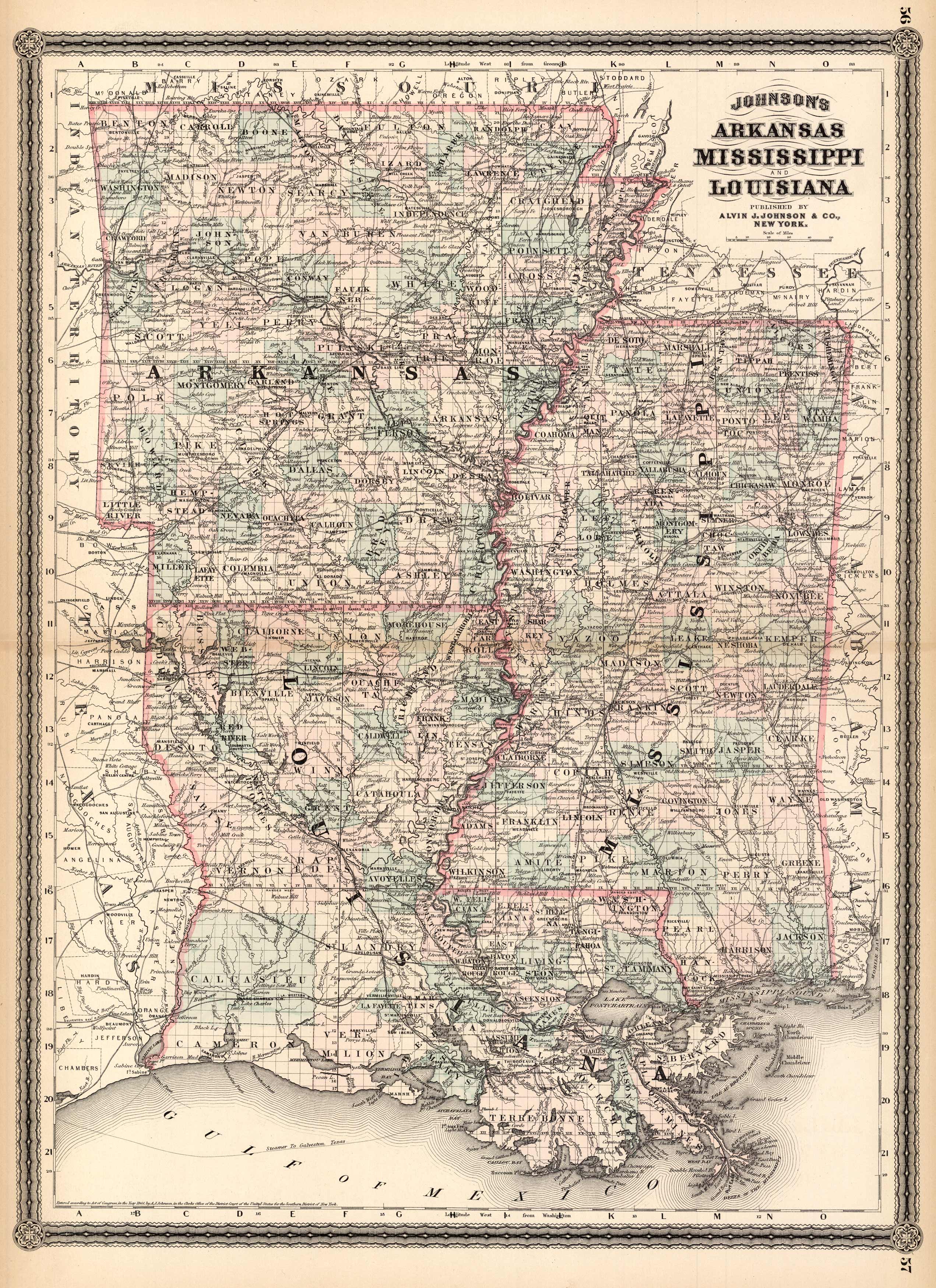 1872 - County Map of the States of Arkansas, Mississippi, and Louisian –  Maps of Antiquity