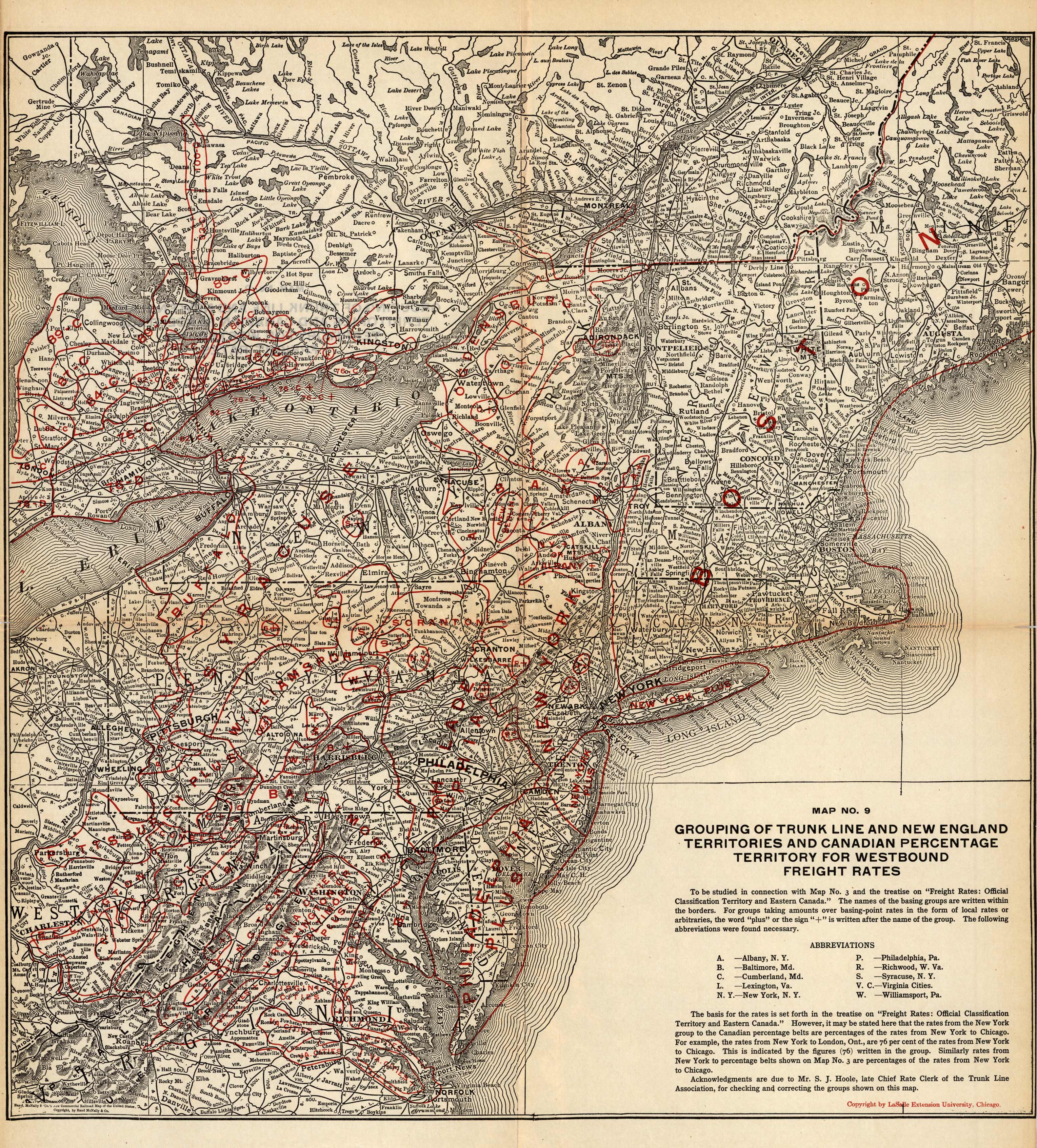 Grouping of Trunk Line and New England Territories and Canadian Percentage Territory for Westbound Freight Rates