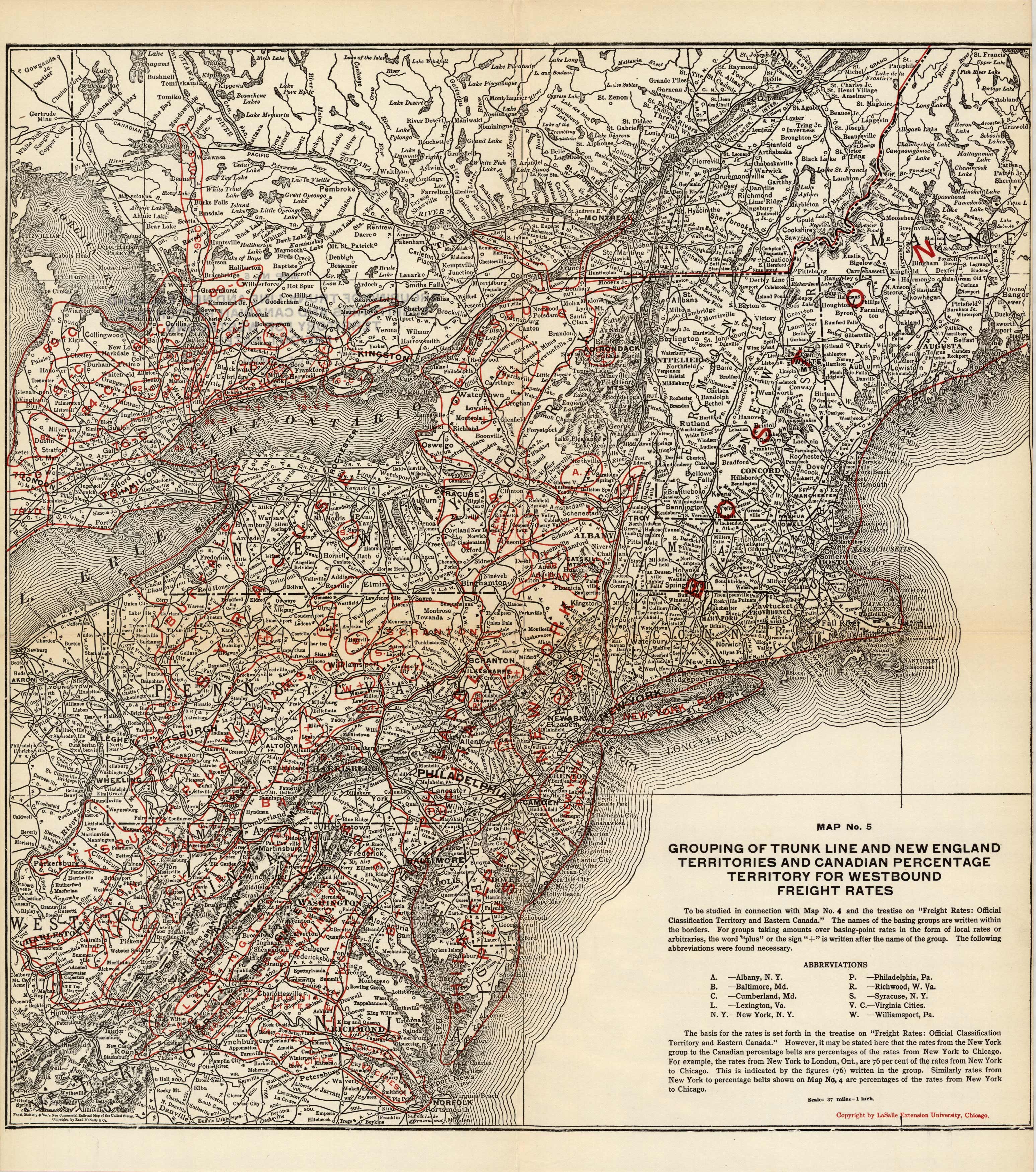 Grouping of Trunk Line and New England Territories and Canadian Percentage Territory for Westbound Freight Rates