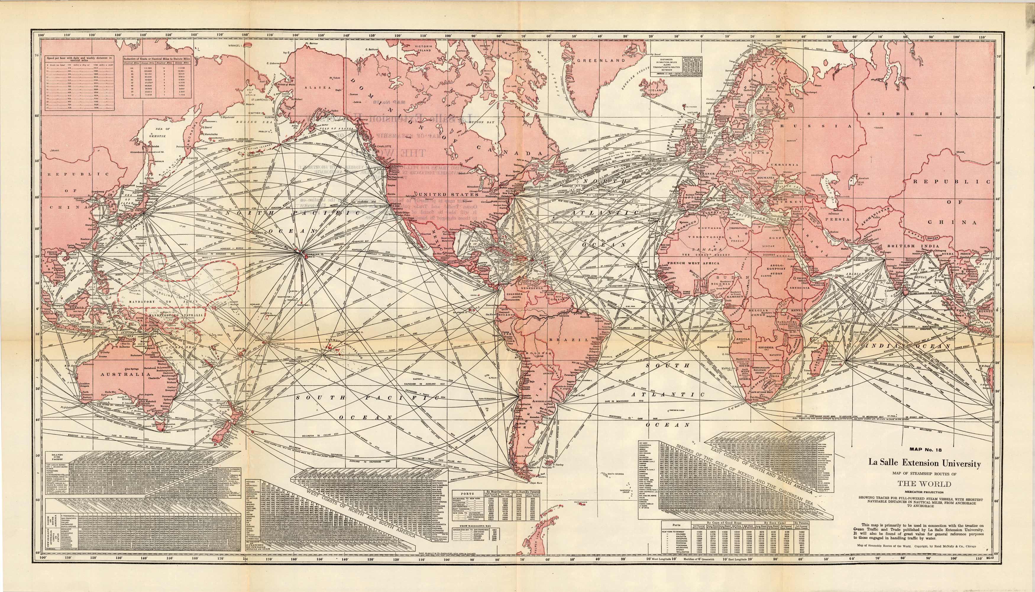Steamship Routes of the World, Mercator Projection Art Source
