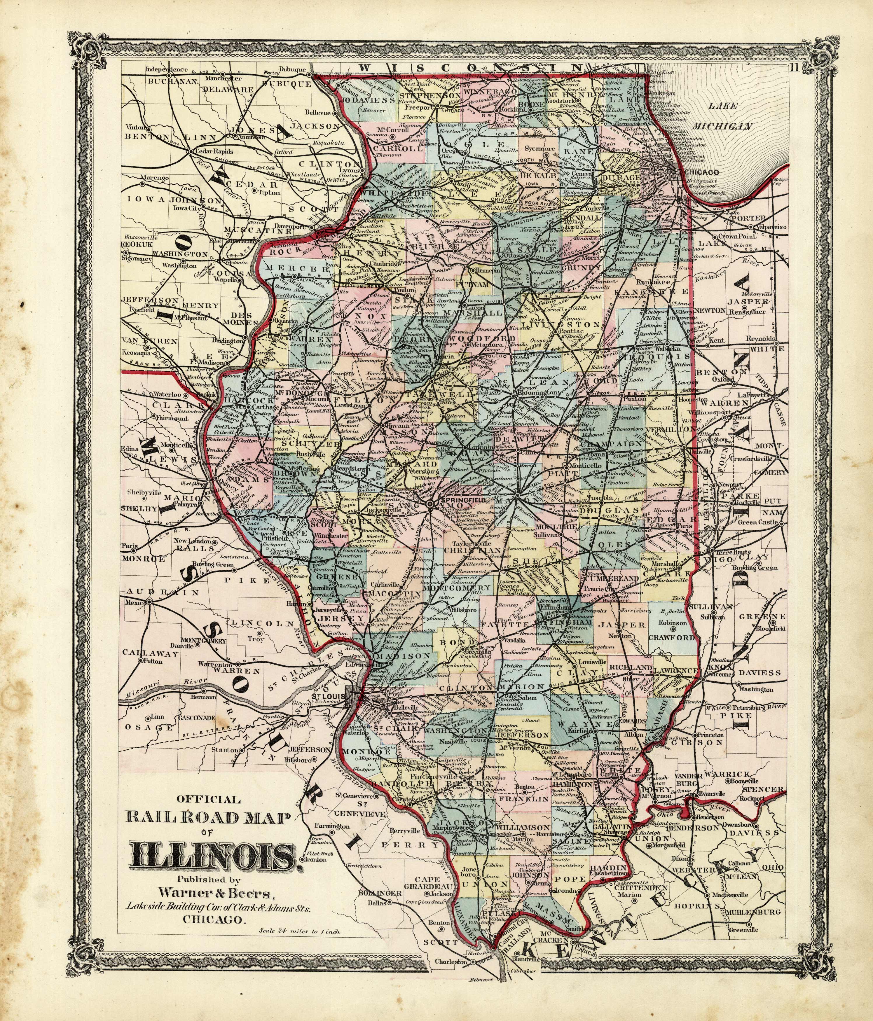 Official Railroad Map Of Illinois Art Source International LASALLE 1876 ILLINOIS 