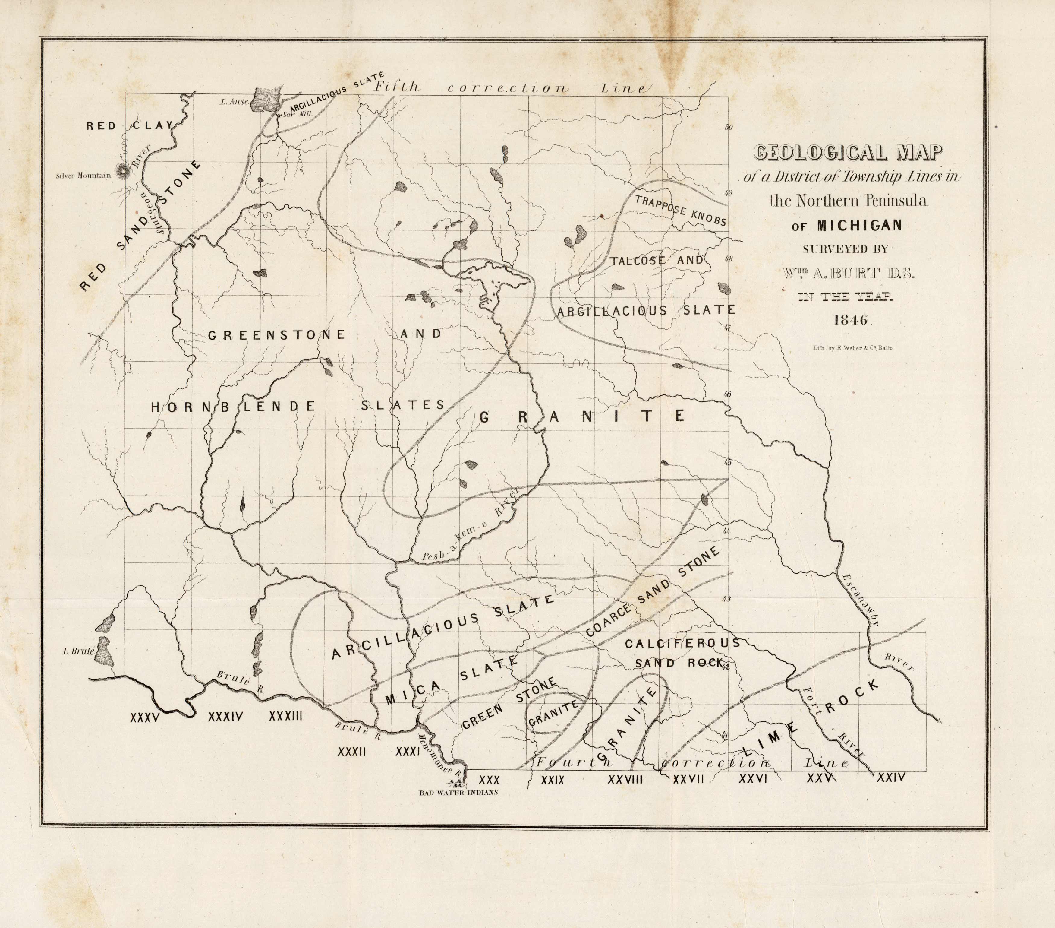 Geological Map of a District of Township lines in the Northern Peninsula of Michigan