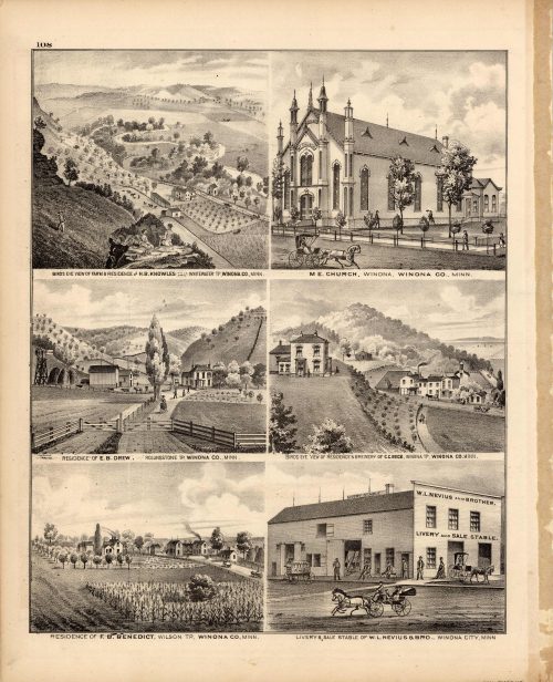 Birds Eye View of Farm & Residence of H.B. Knowles; M.E. Church; Residence of E.B. Drew; Bird's Eye View of Residence & Brewery of C.C. Beck; Residence of F.B. Benedict; Livery & Sale Stable of W. L. Nevius & Bro.